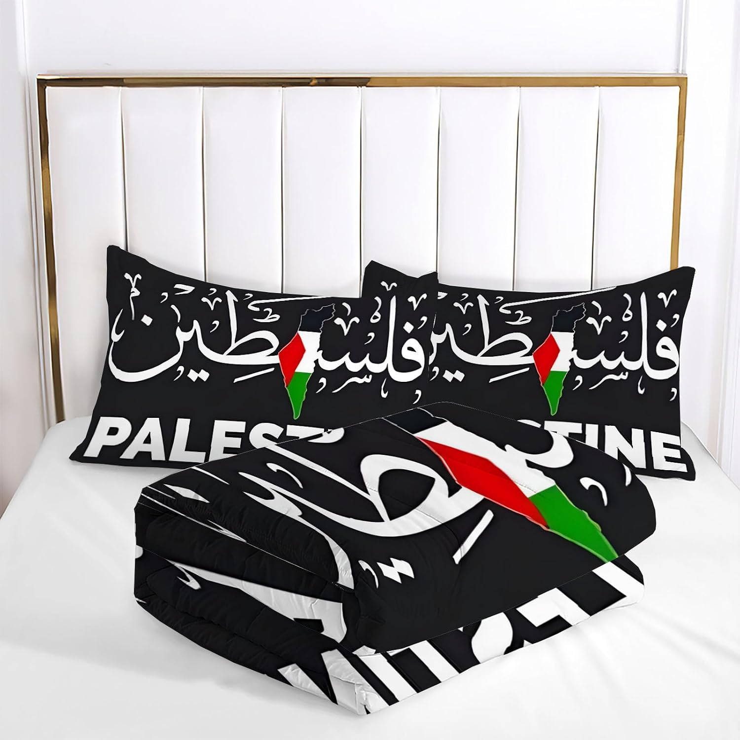 Middle Eastern Peoples Comforter Set Twin Size, Palestinian Flag Print Breathable Bedding Set for Girls Boys Teens, Black Quilt Duvet with 2 Pillow Cases