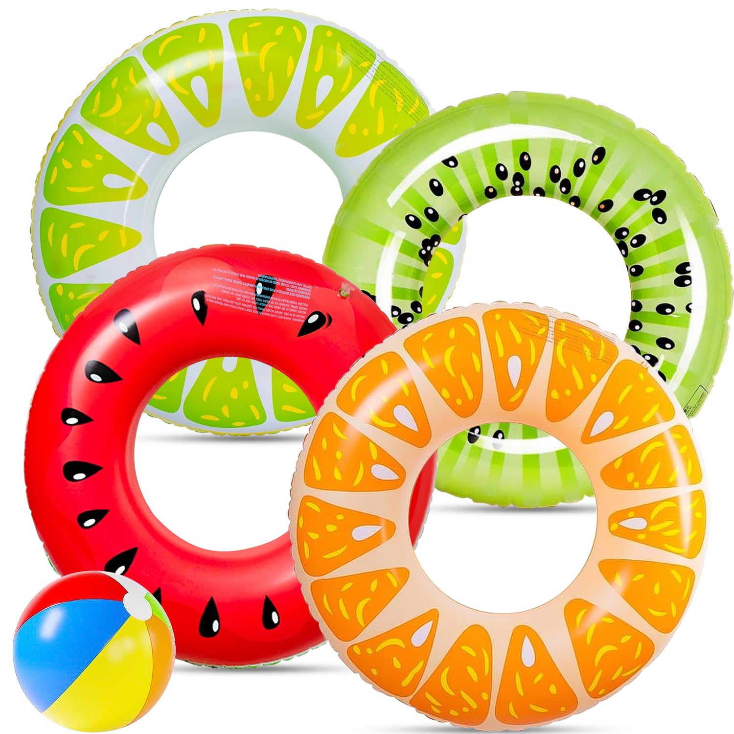 Hlisippa 5Pcs Pool Inflatables Floats for Adults, Swimming Pool Inflatables With Beach Ball, Fruit Rubber Ring for Swimming, Inflatable Pool Toys, Durable Swimming Ring for Summer Beach Pool Party