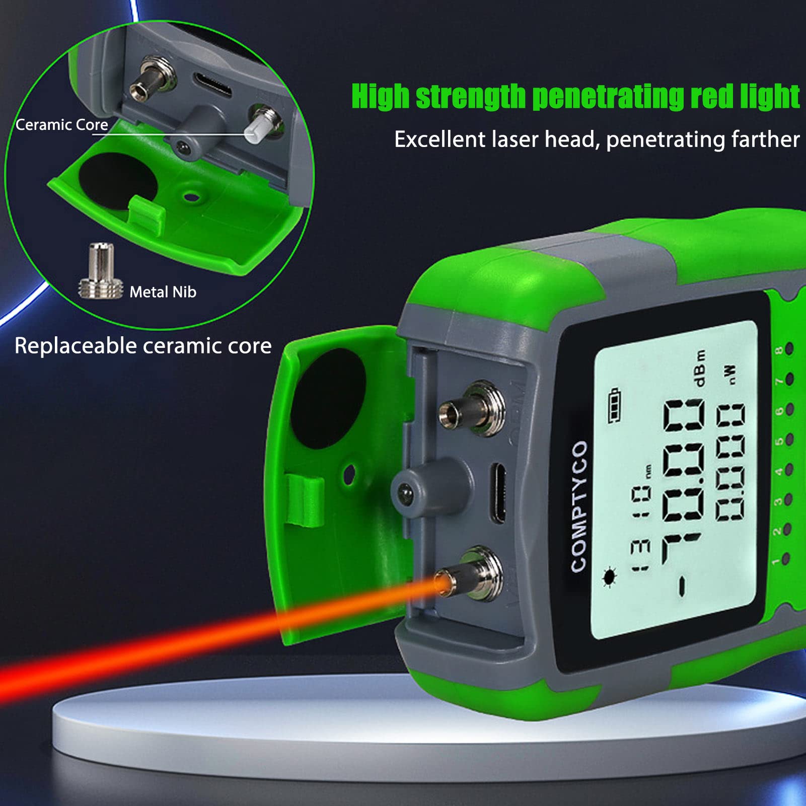 Jectse Optischer Leistungsmesser -70 ~ +10 dBm Glasfaser-Leistungsmesser mit Roter Lichtquelle, RJ45-Netzwerkprüfung, LED-Licht, Wiederaufladbare Batterie