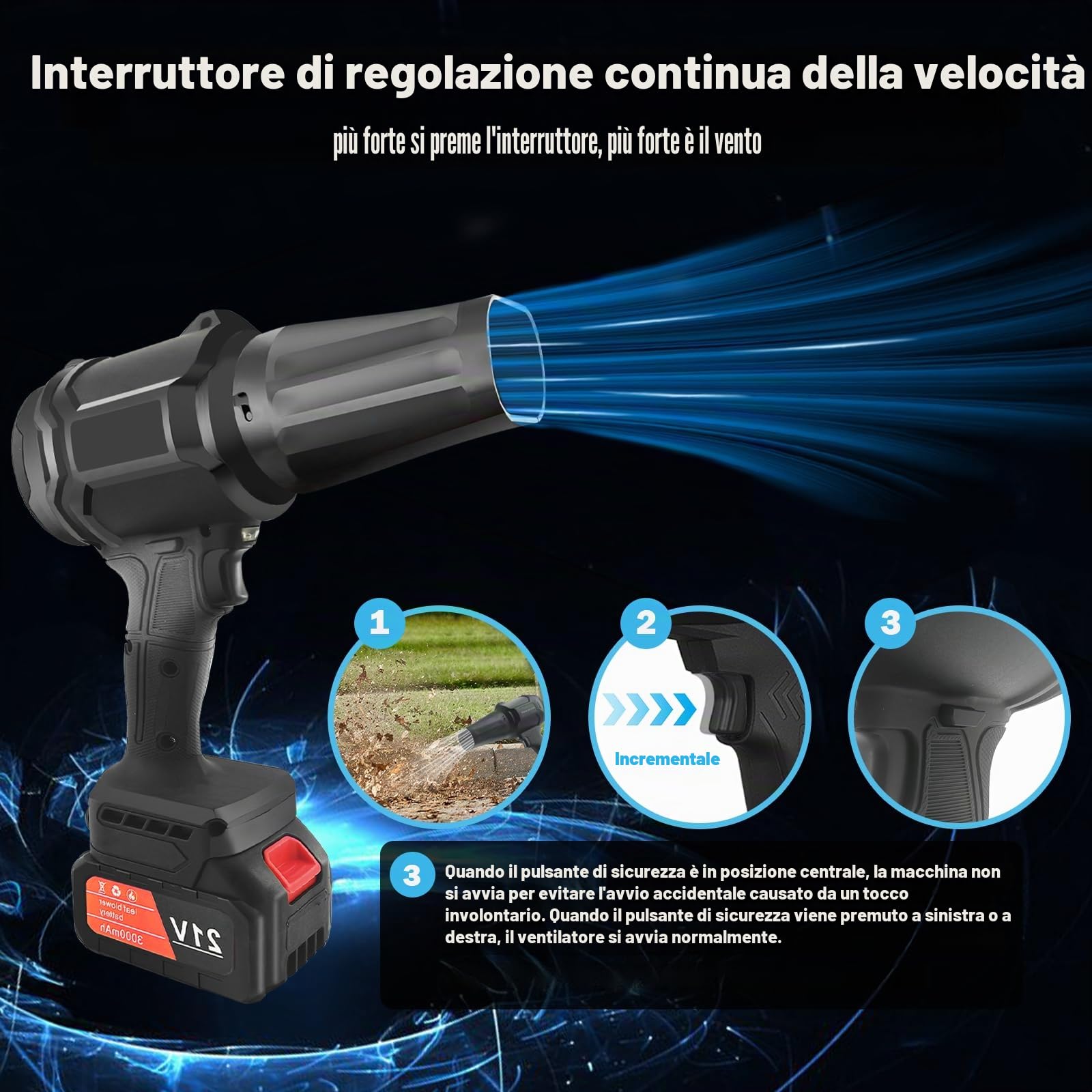 Turbo Jet Blower - Set professionale soffiatore a batteria al litio per foglie, auto, industria | Con 2 batterie, caricabatterie, valigetta, flusso d'aria variabile, con testa di ricambio e accessori, leggero e potente