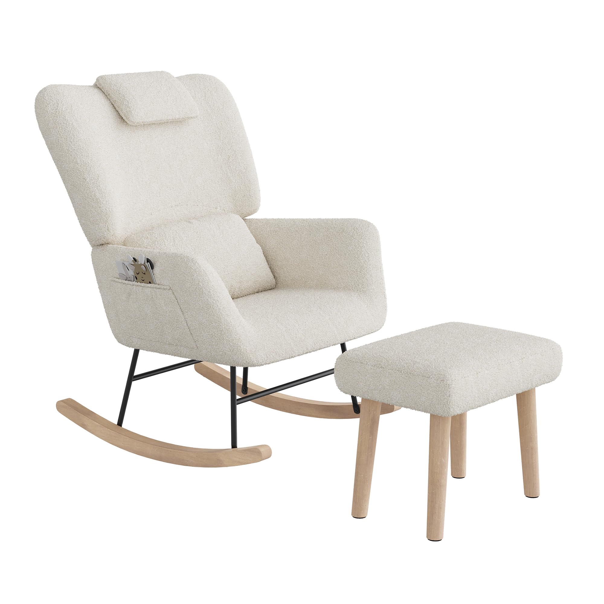 Fotel bujany z taboretem, fotel bujany Sherpa, ergonomiczny fotel do karmienia z poduszką lędźwiową i pod głowę, do salonu, pokoju dziecięcego, do 150 kg (kremowy)