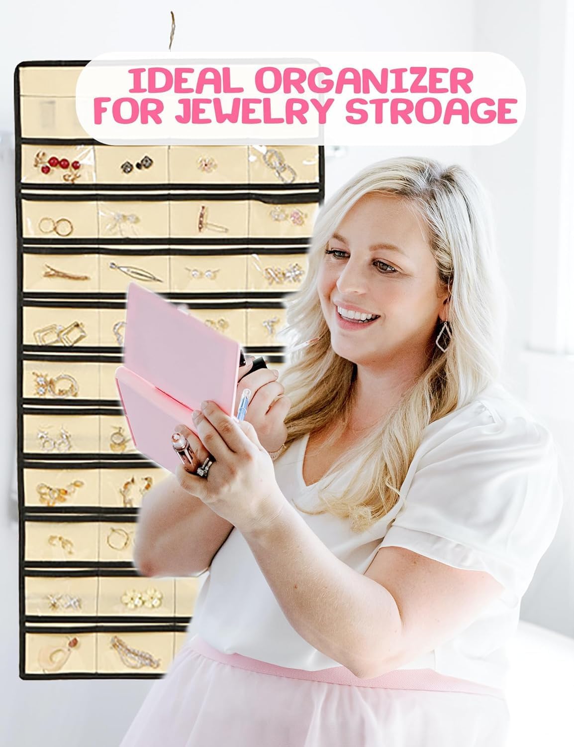 Hanging Jewelry Organizer: Necklace & Earring Holder with Pockets for Closet, Wall or Door (Grey)
