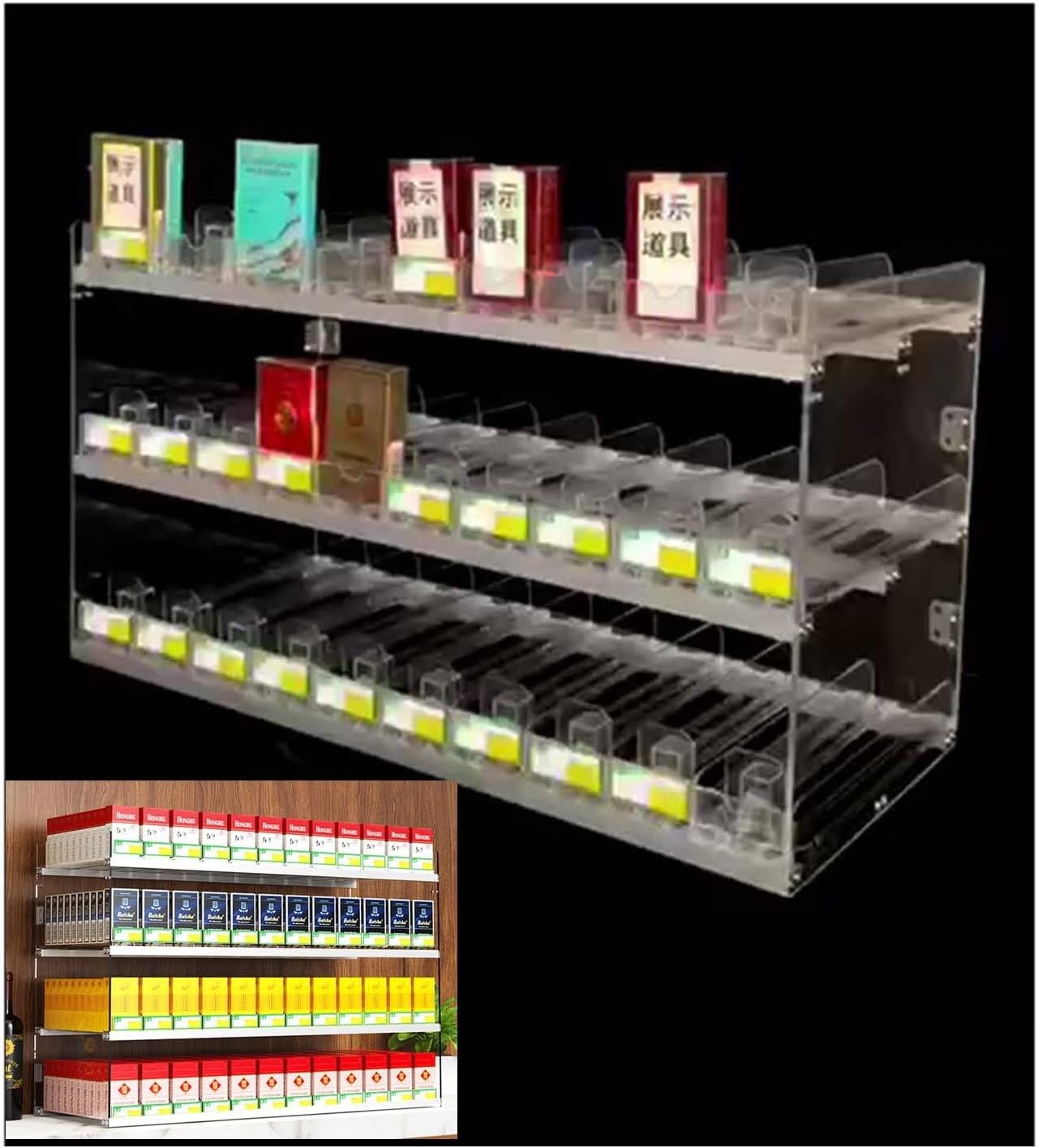 Cigarette Display Holder Automatic Cigarete Show Case Cigarette Pack Pusher Tray Easy To Install Acrylic Retail Display Case Candy Cigarettes Retail Count ( Color : Clear , Size : 37.5x28.4x38.5cm )