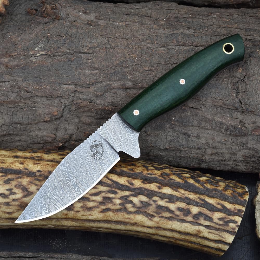 Knives Ranch 6-1/2" Handmade Damascus Steel LITTLE SCOUT KNIFE with Kale Burlap Micarta Handle and Horizontal Carry Sheath (3196-KALE)