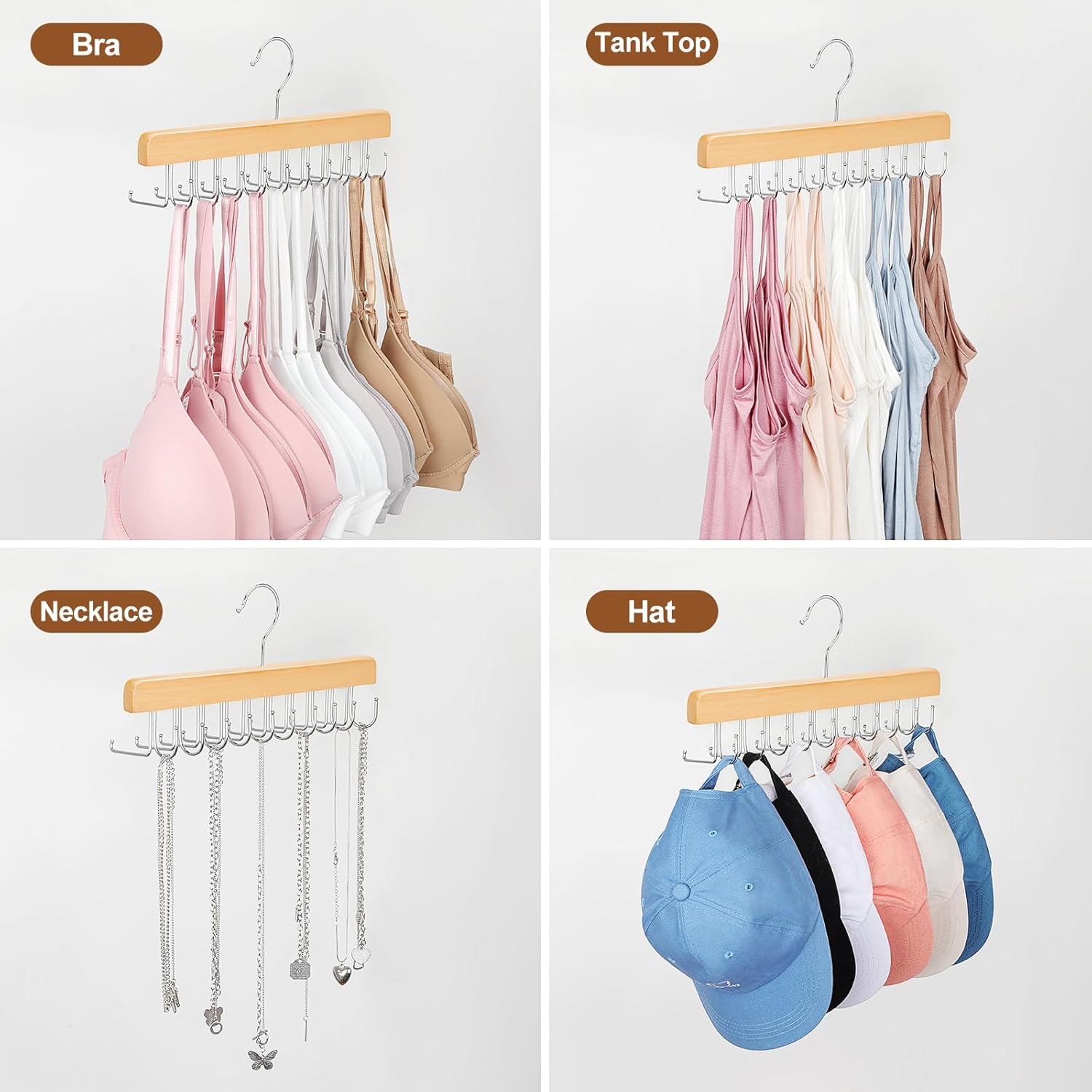 TOPIA HANGER 2 Pack 2 in 1 Belt Tie Hanger for Closet Max 60 Belts with 60 Ties Capacity, 20 Hooks Belt Tie Racks Wooden Hanger for Closet Organizer Space Saving “U” Fit Belt and “一” Fit Tie - CT59N
