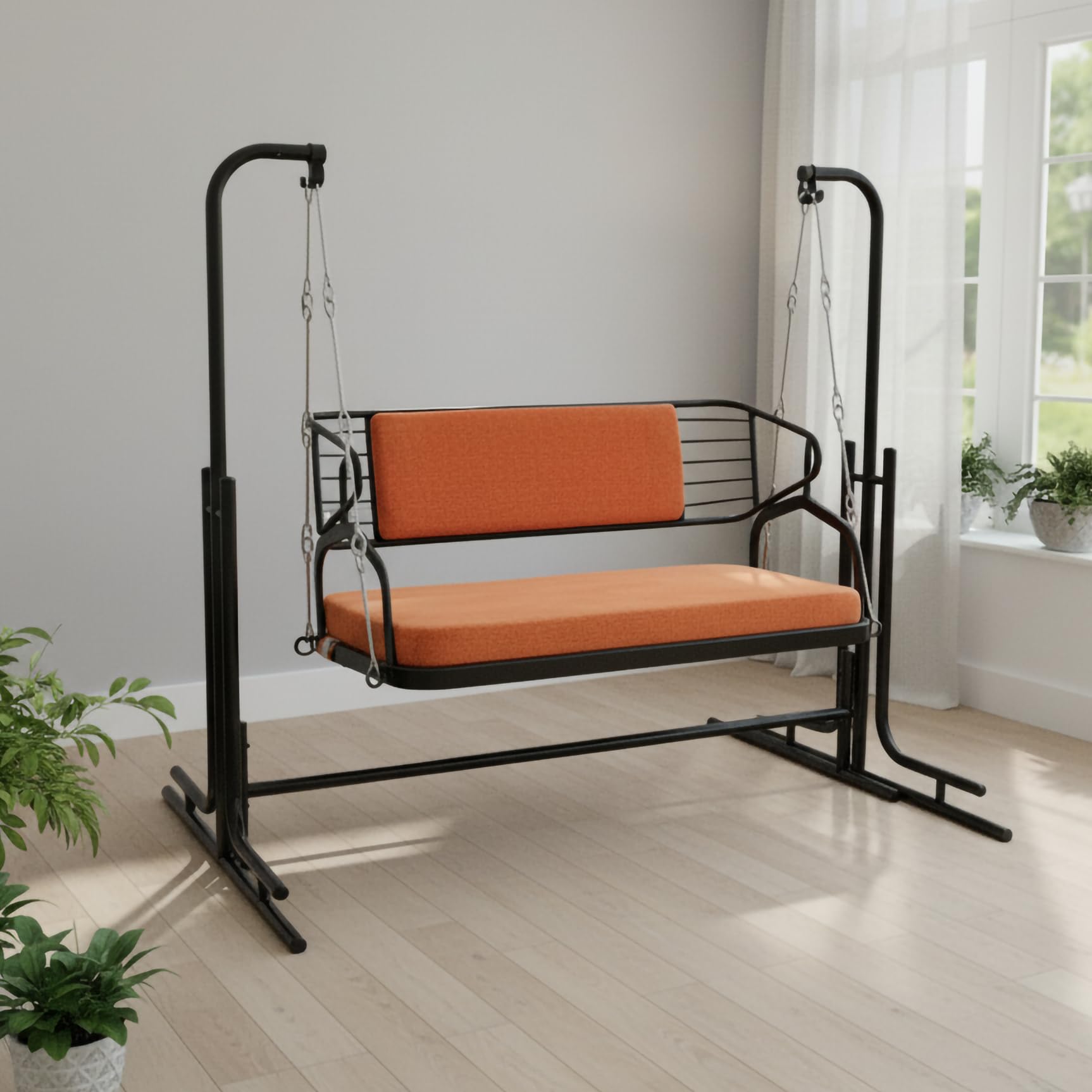 s k modern art Two Seater Swing with Stand | Jhula for Adults with Cushion for Home/Patio (Black, Reversible Back, Two Seater)-image-9