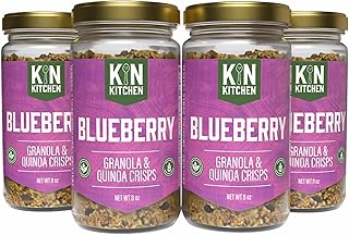 Kin Kitchen non-GMO Granola & Organic Quinoa Crisps, in a Glass Jar Recyclable and Resusable. Made with Real Fruit. No Aritificial Colors, Flavors, or Perservatives. Made in USA with Globally Sourced Ingredients. (4 Jars, Blueberry)