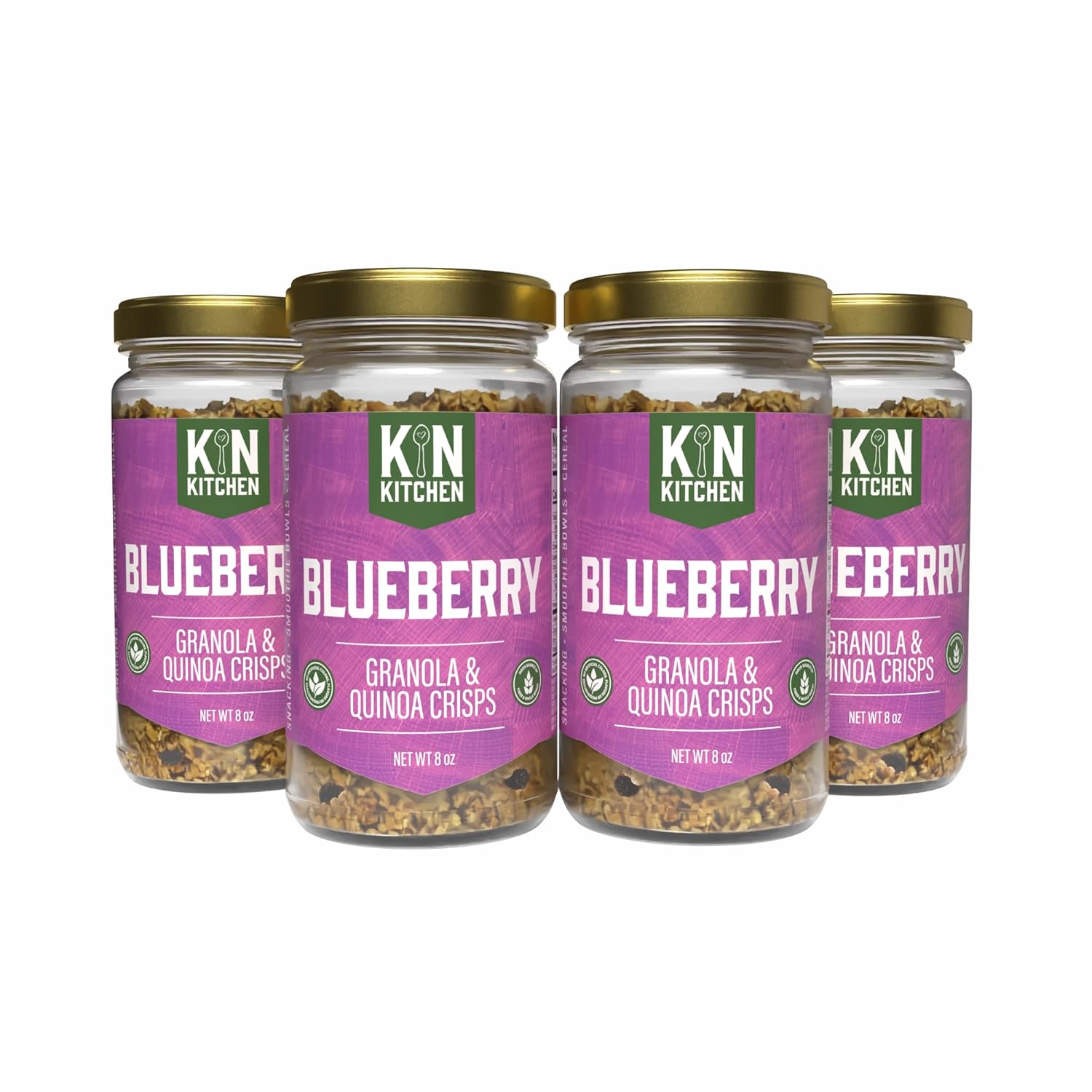 Kin Kitchen non-GMO Granola & Organic Quinoa Crisps, in a Glass Jar Recyclable and Resusable. Made with Real Fruit. No Aritificial Colors, Flavors, or Perservatives. Great for Snacking, Cereal, on top of Yogurt or Smoothies, or Overnight Oats. (4 Jars, Mango)