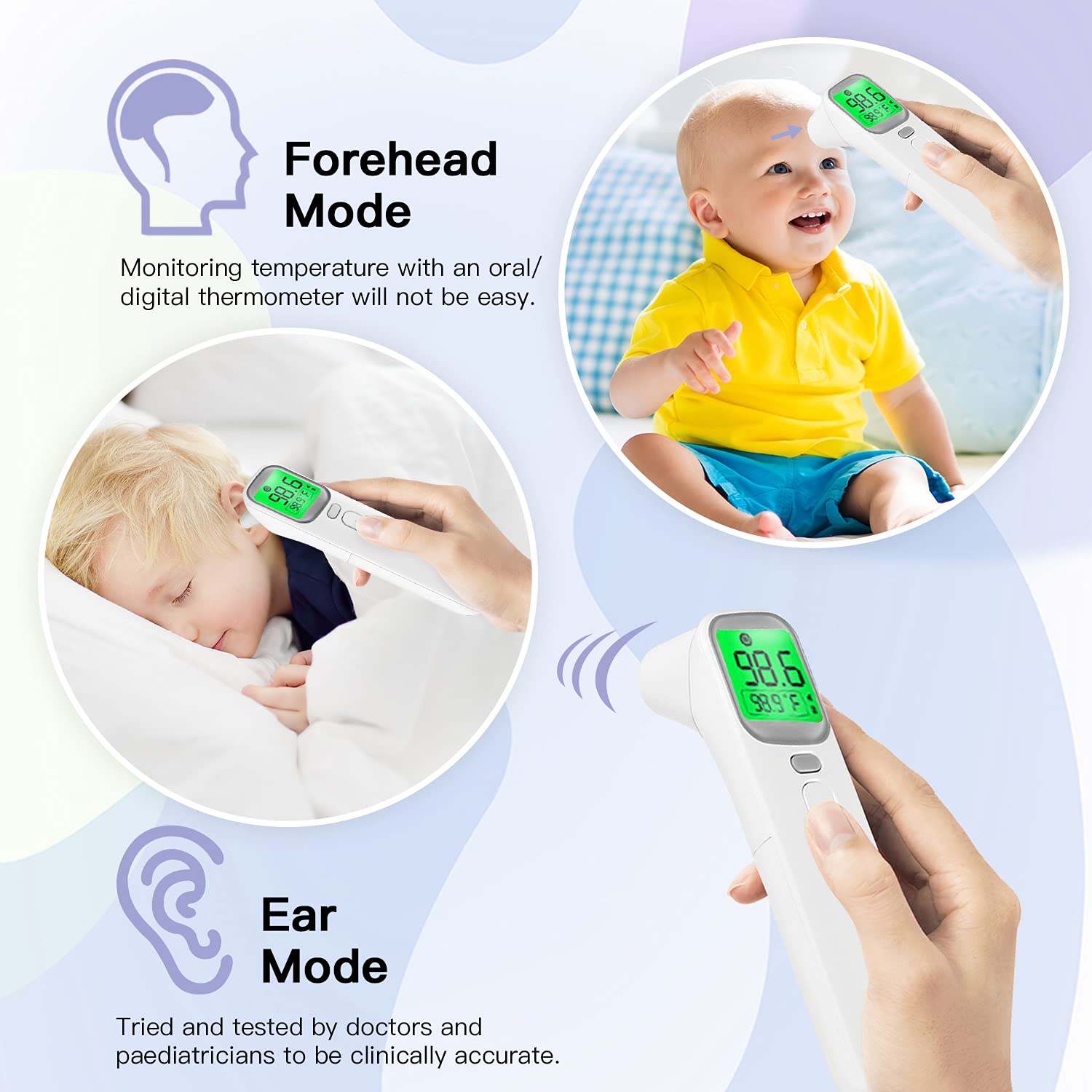 Touchless Thermometer, 4 Modes Infrared Digital Thermometer for Adults, Elderly, Kids and Babies, Forehead Ear Thermometer with Instant Reading, Memory Function, Fever Alarm and LCD Screen