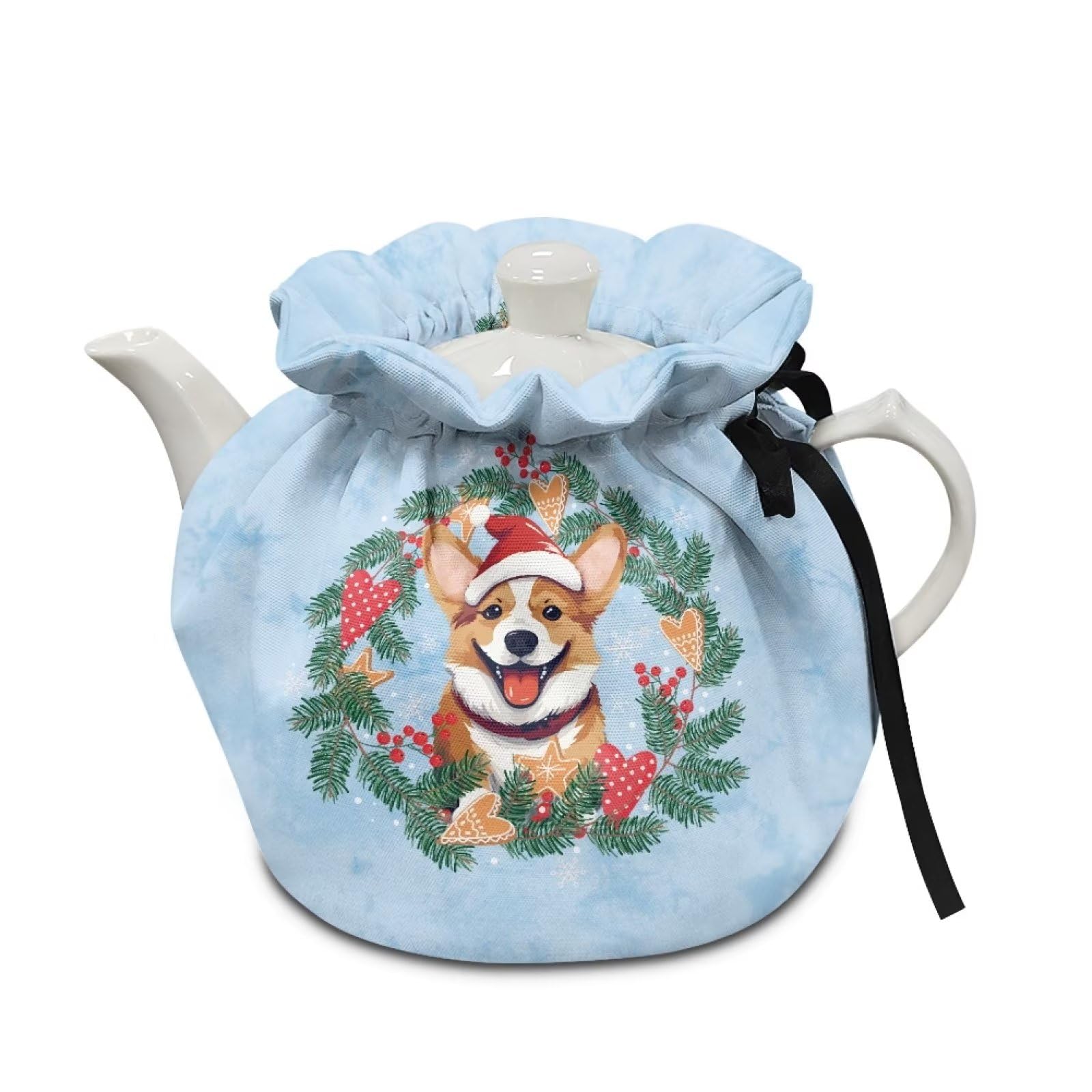 Annejudy Tea Pot Cozies, Christmas Cute Corgi, Insulated Dust Proof Kitchen Tea Pot Dust Cover Breakfast Warmer Tea Cozies with Flexible Drawstring for Home Kitchen Table Decoration