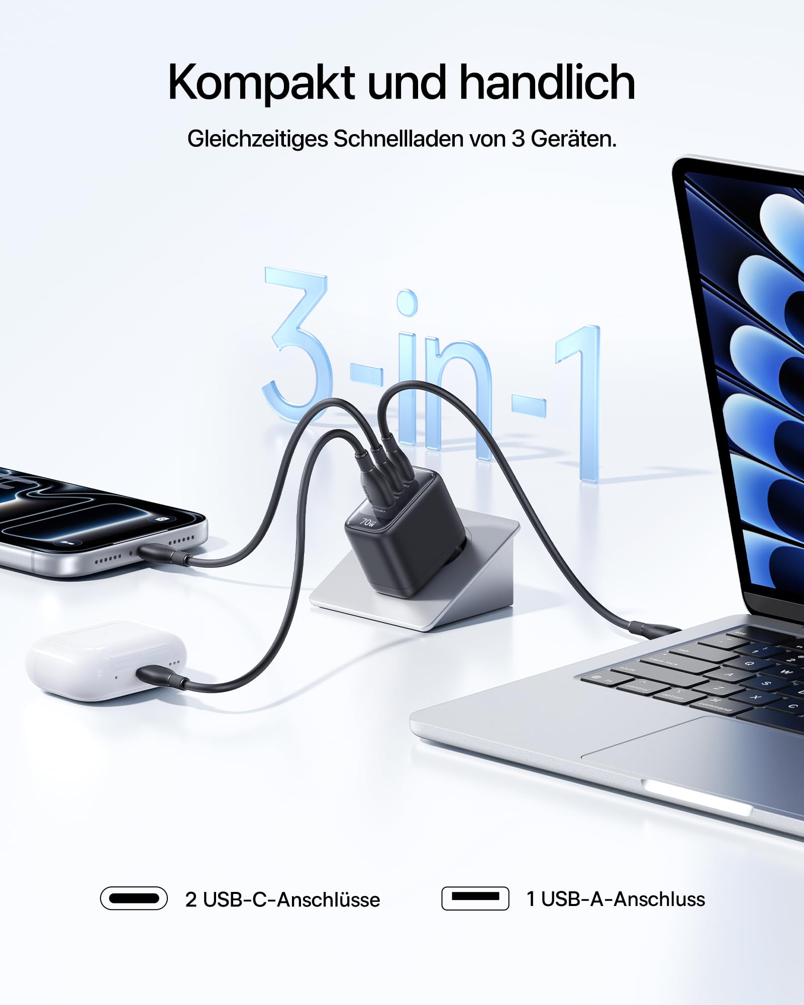 Baseus Enerfill 70W USB C Ladegerät, 2Pack 3-Port GaN6 Schnellladegerät, kompaktes Netzteil für MacBook Air, iPhone 17/16/15 Pro Max, iPad Pro, Galaxy S25/S24, Pixel, Laptop und mehr