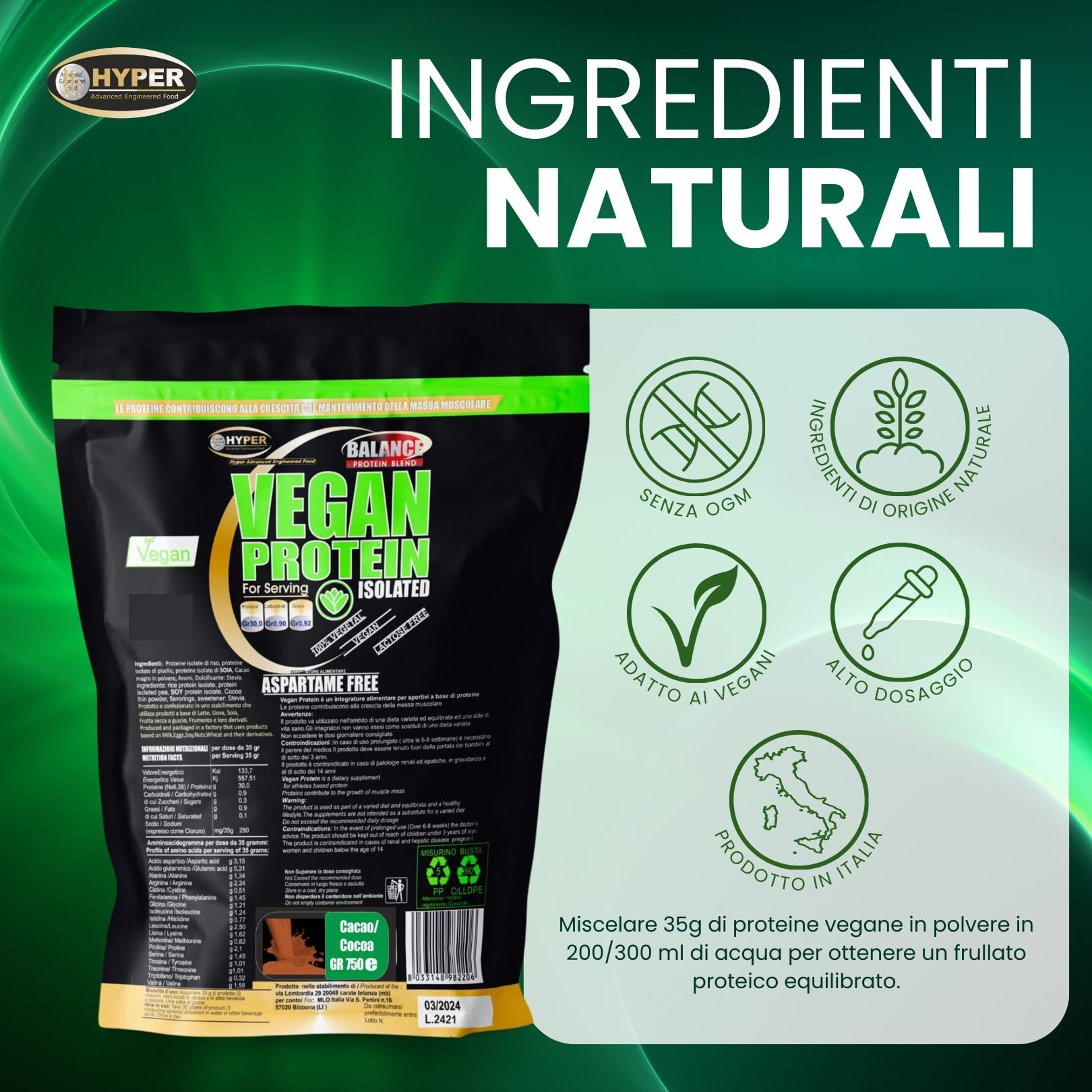 Hyper Proteine Vegane Vegetali Vegan in Polvere g 750 Cacao con Proteine del Pisello Soia Riso 90% di Proteine Povere di Carboidrati e Grassi Senza Lattosio Senza Aspartame Prodotte in Italia