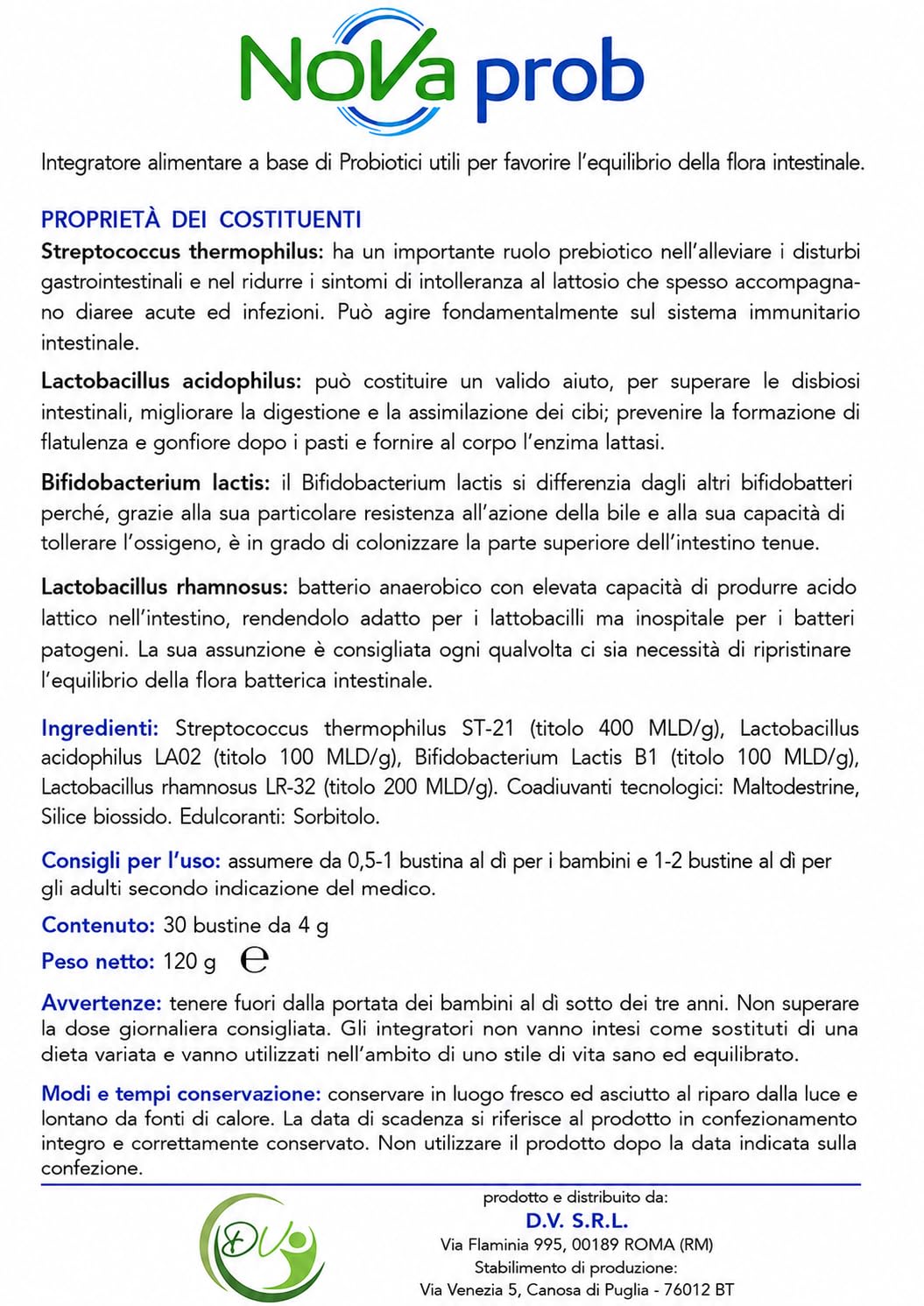 Novaprob Integratore Alimentare Probiotici Fermenti Lattici, 30 Bustine da 4 g, Flora Intestinale, Made in Italy