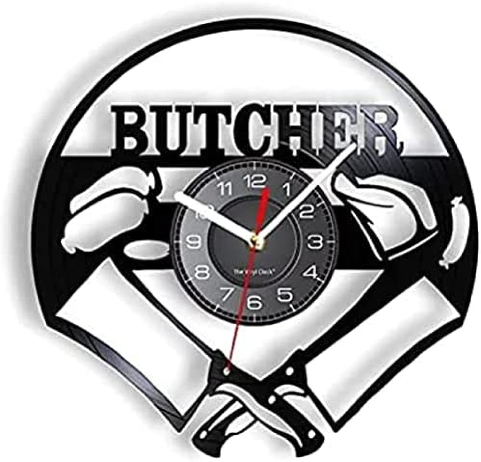 Lkclock Women's Black Wall Clock Butcher Vinyl Record 12" Kitchen Knife Engraved Chicken Sausage Vintage Meat Gift Pork Stall Decor - 35 X 5 Cm