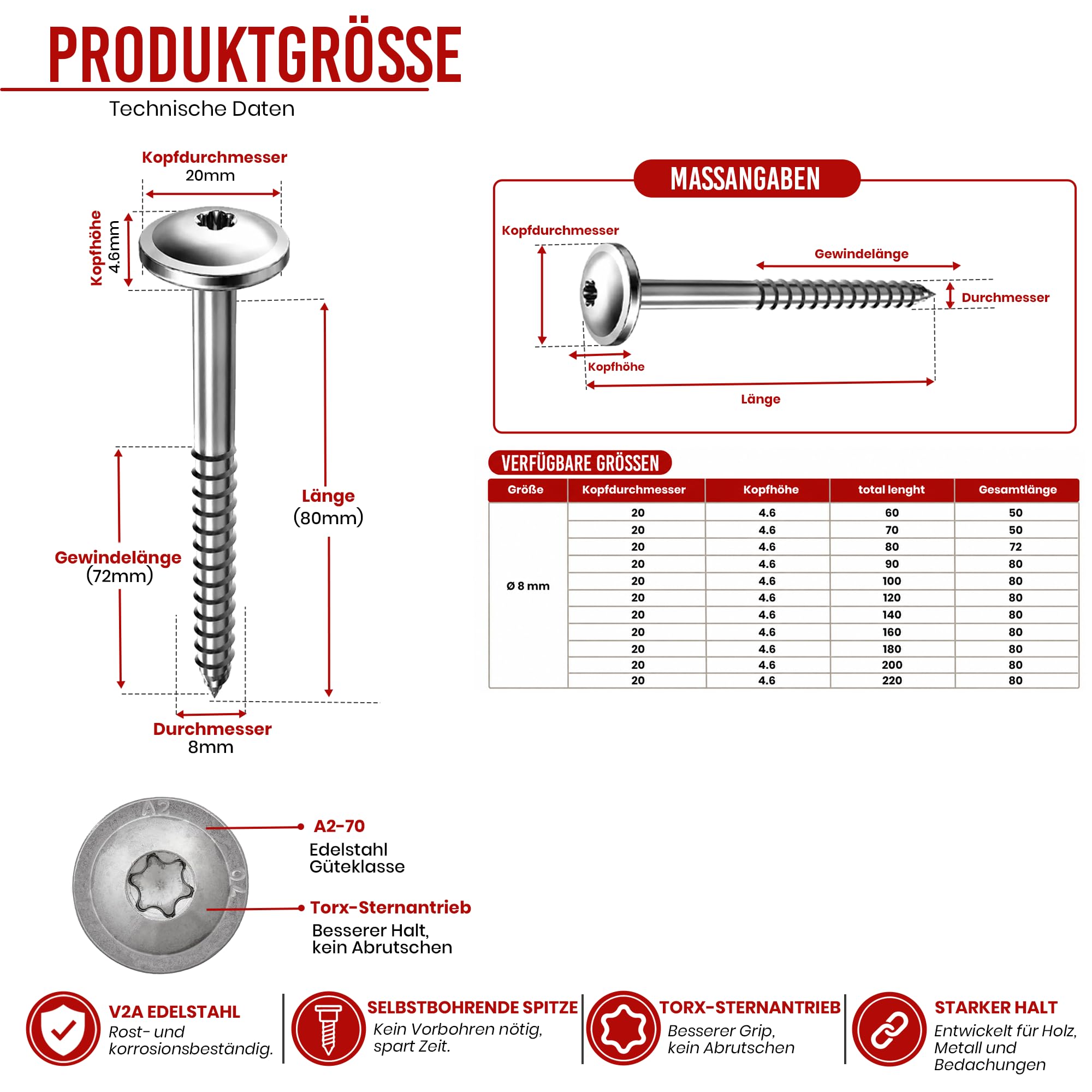 Tellerkopfschraube Edelstahl A2 ETA 8x80 TX40 Torx Holzbauschraube V2A Holzbau Carport Pergola Sparren 100 Stück