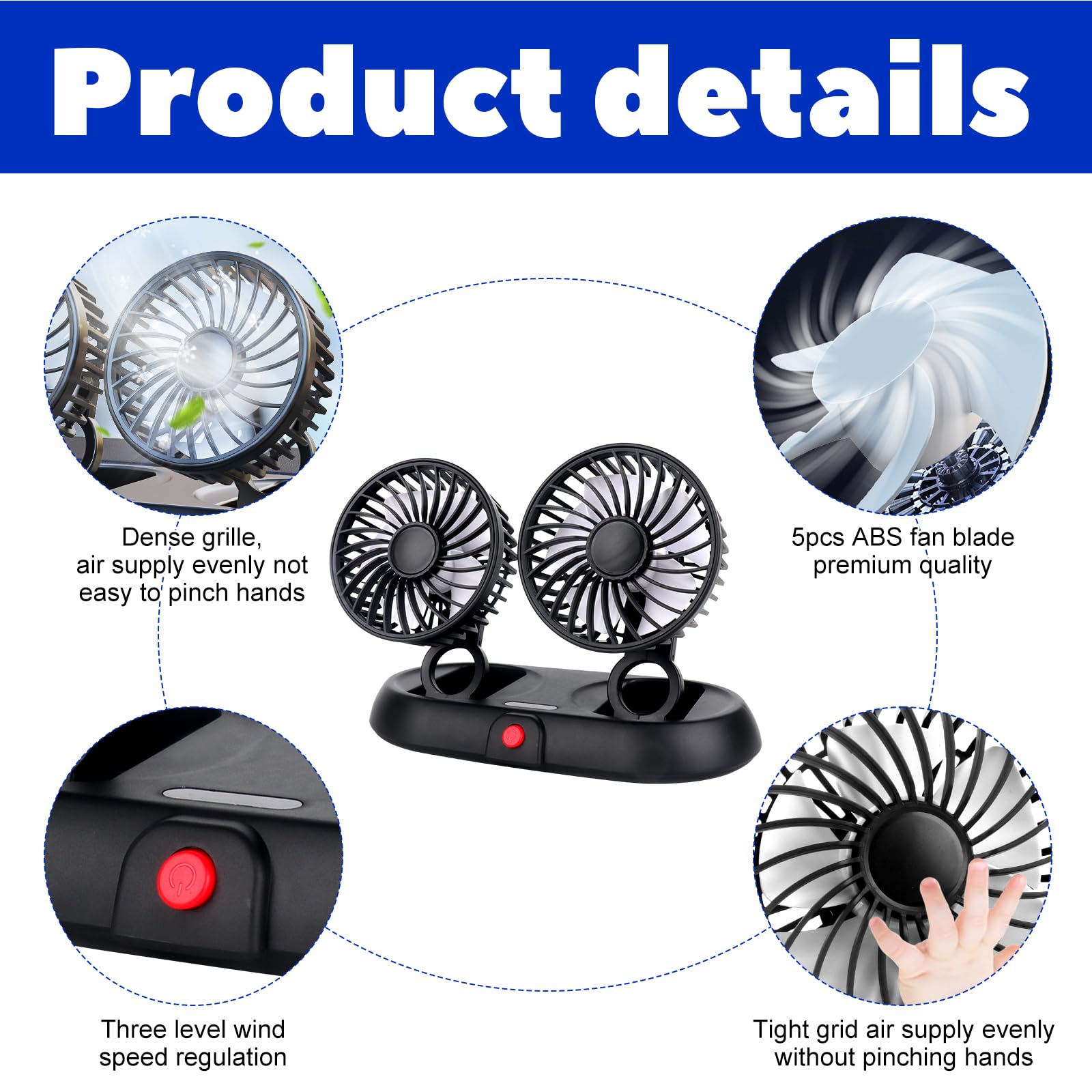 Ventilateur De Voiture, Ventilateur Voiture, Ventilateur Voiture USB, Ventilateur Double Tête, Rotation À 360°, 3 Modes De Puissance Réglables, Pour Voiture, Van, SUV, RV, Bateau (2-Tête)