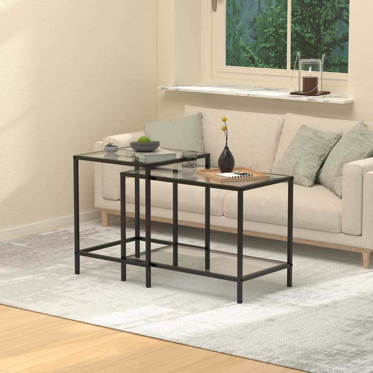 Set da 2 tavolini quadrati, moderno tavolino da soggiorno, tavolino da salotto in vetro, tavolino da soggiorno piccolo, tavolino laterale, tavolino da divano, tavolino da caffè per soggiorno, camera