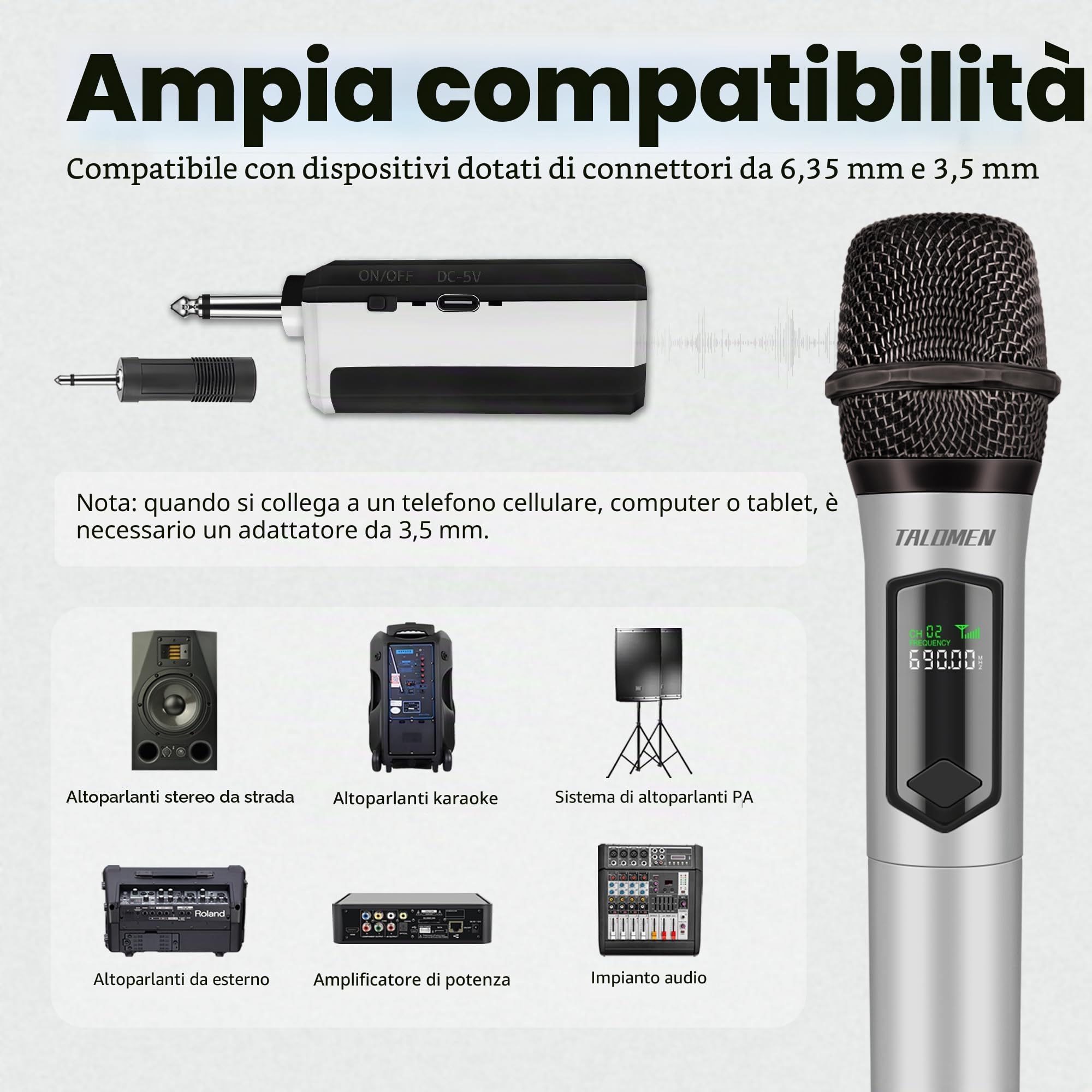 Talomen Microfono Wireless,Microphone Portatile a 2.4 GHz,Microfoni karaoke professionale,Sistema di microfoni dinamici con Ricevitore Ricaricabile,kit 2 microfoni per Karaoke,Festa,Canto K601Argenteo