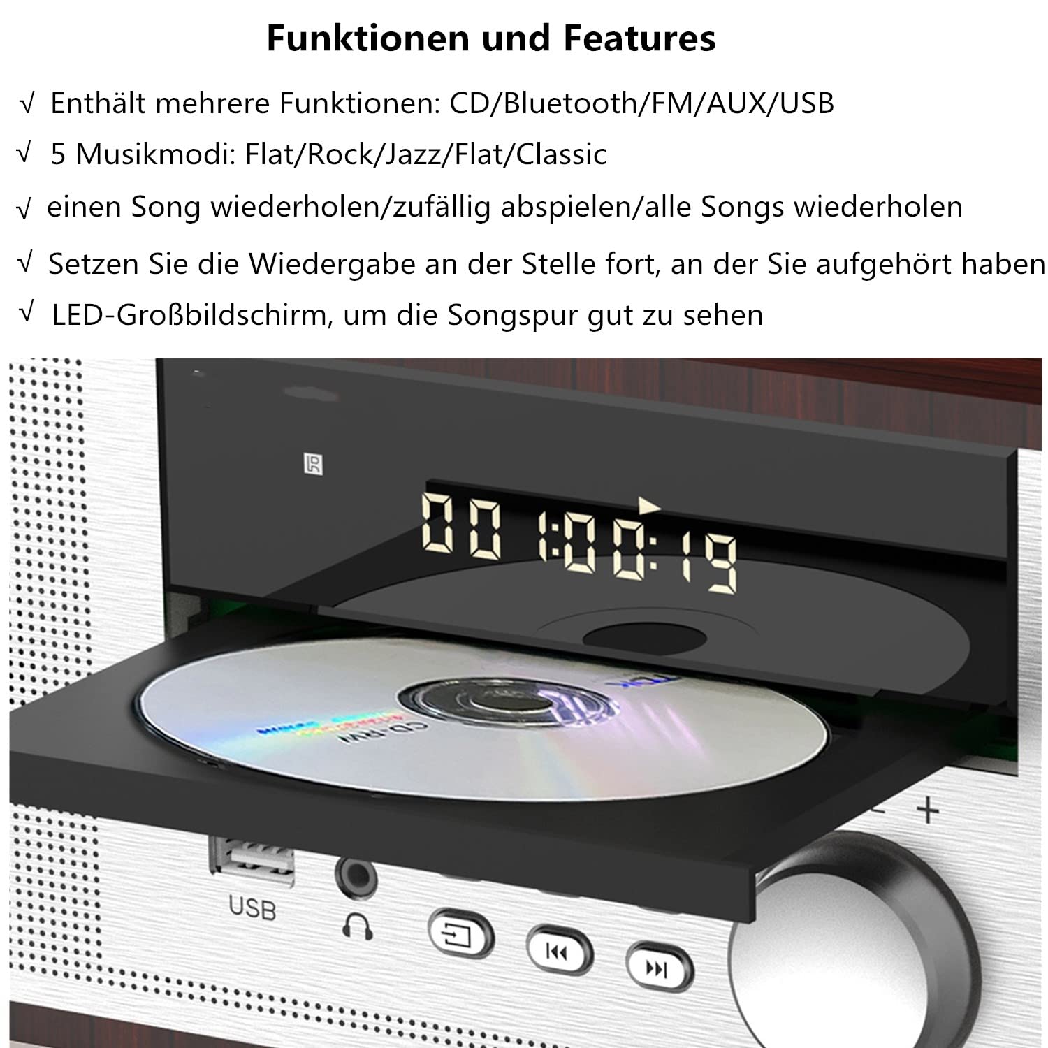 Jahrgang Micro HiFi-System CD-Stereoanlage Mini-Komponente 40W RMS CD-Player UKW/Bluetooth-kompatibel/USB/AUX/Fernbedienung/Kopfhörerbuchse Kompatibel mit hochauflösender Klangquelle,Silber,hölzern