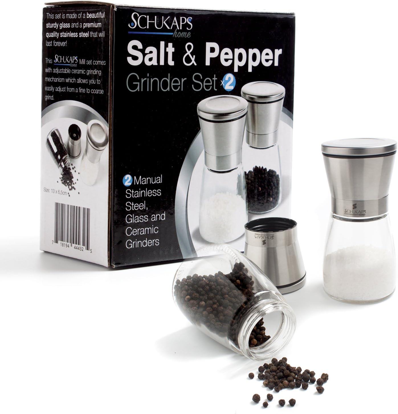 Schukaps Salt and Pepper - Spices Mill/Grinder Set of Manual Shakers - Set of 2 - Premium Glass Quality and Brushed Stainless Steel with Adjustable Ceramic Grinder - 13x6,5cm Home |