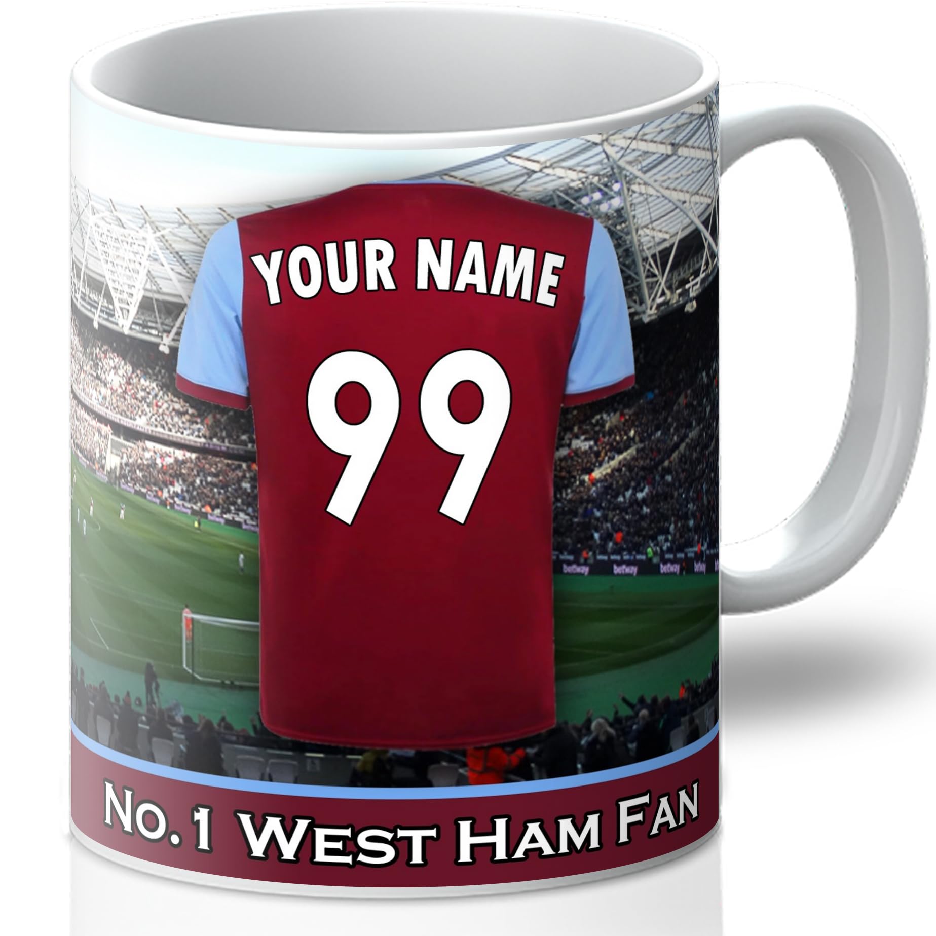 Personalised West Ham Mug - Customise with A Name and Number for The Shirt and A Message On The Back of The Cup