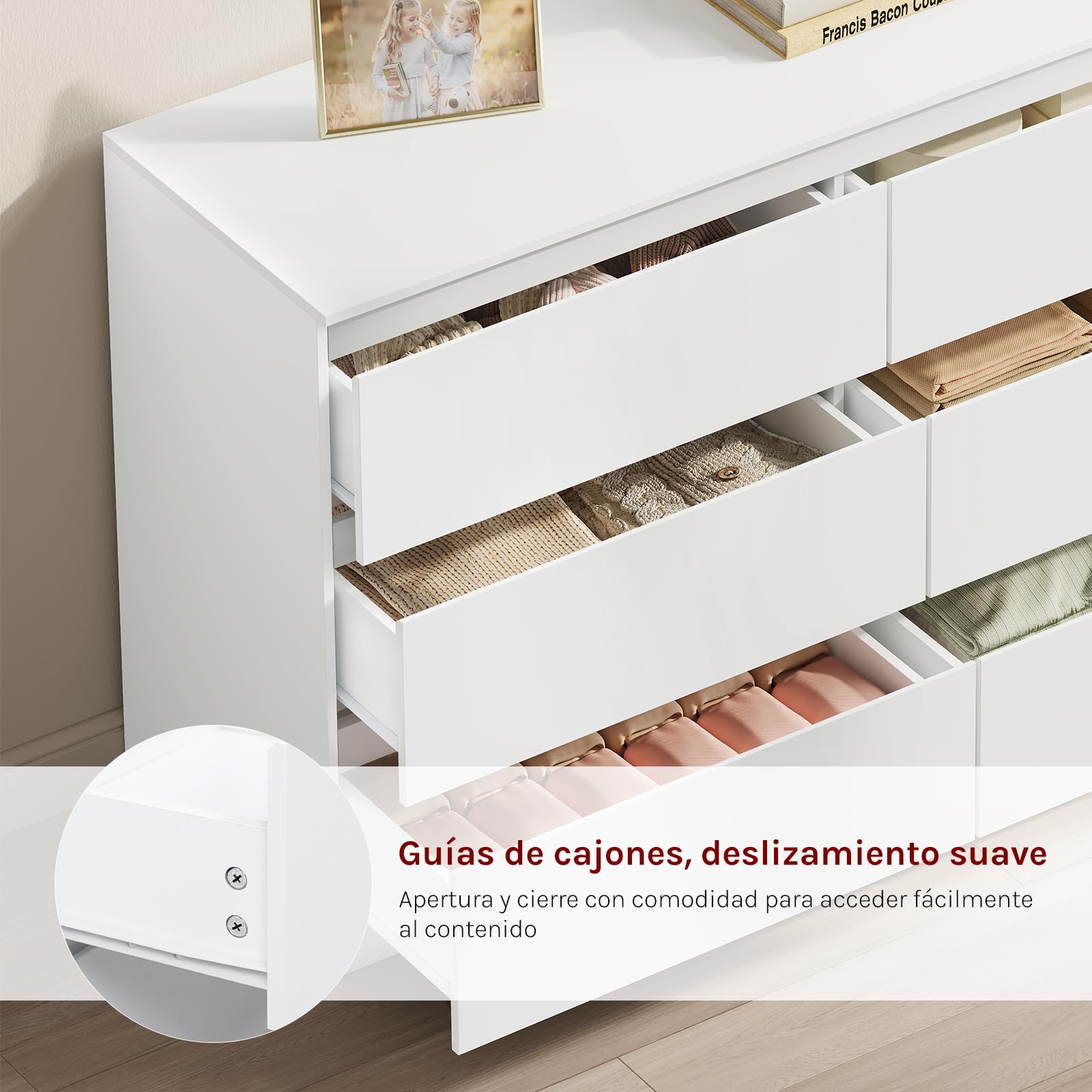 WOLTU Cómoda Cajonera, Cajonera Organizador | 6 Cajones, Moderno, Almacenamiento para Dormitorio, Salón y Pasillo, 120x40x75 cm, Blanco