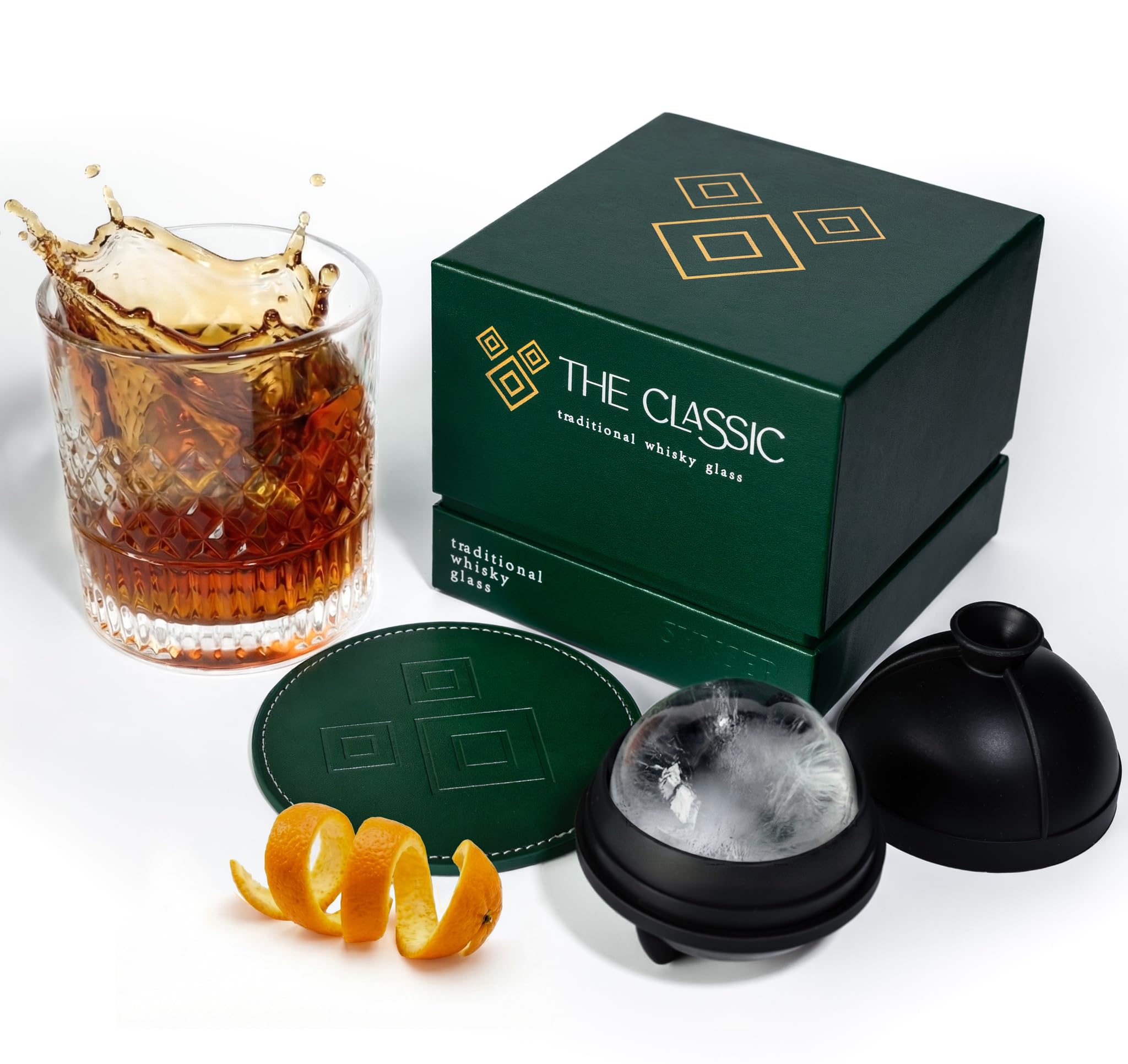 Whisky Glass Gift Set - Traditional Old Fashioned Whiskey Glass with Ice Ball Mould & Branded Drink Mat