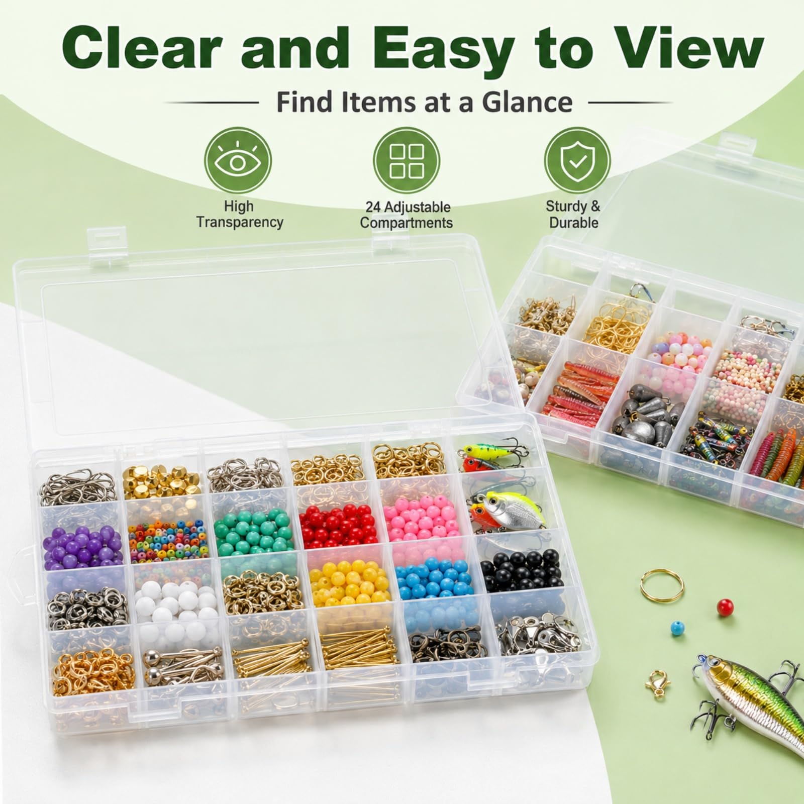Confezione da 4 grandi scatole organizer in plastica a 24 scomparti con divisori – organizer a 24 scomparti, organizer trasparente per attrezzatura e artigianato con divisore regolabile rimovibile,