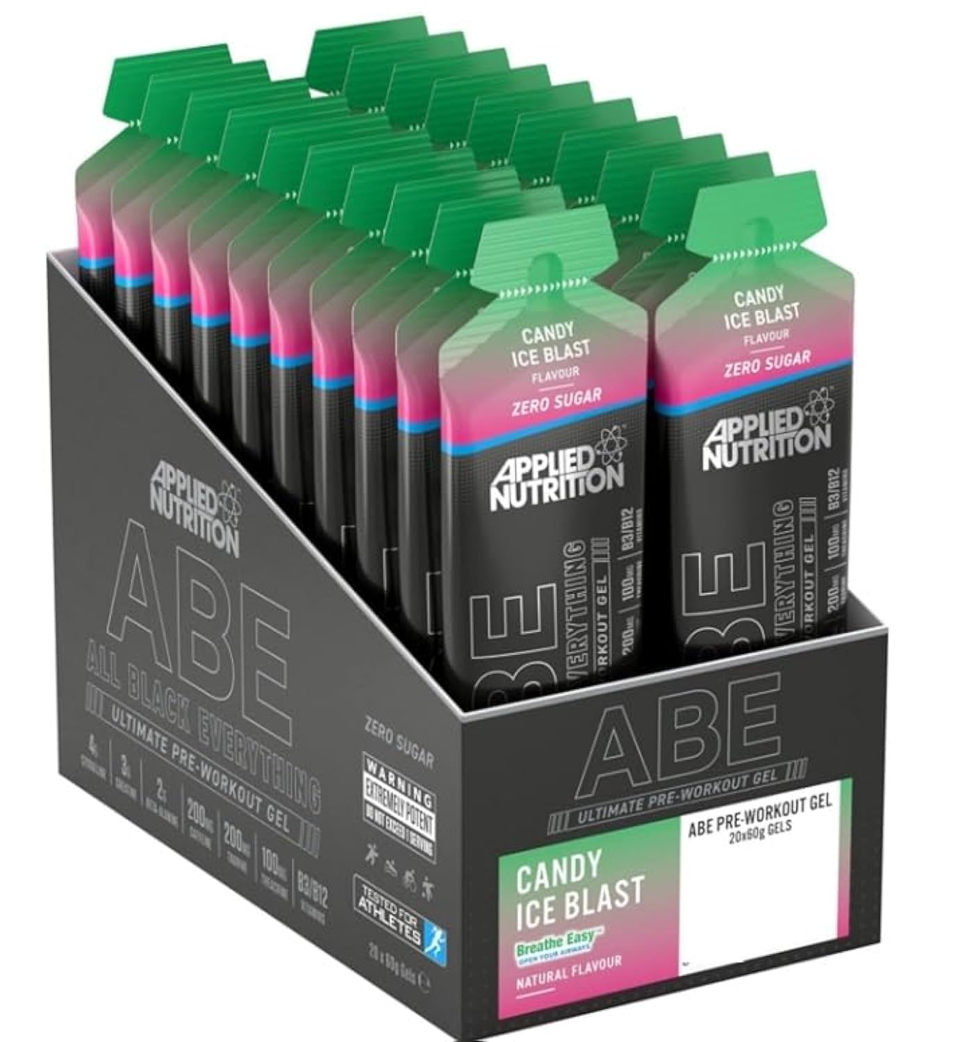 Applied Nutrition ABE Pre Workout Gel - All Black Everything Pre Workout Gel, Energy & Physical Performance with Citrulline, Creatine, Beta Alanine (20 x 60ml Gels) (Candy Ice Blast)