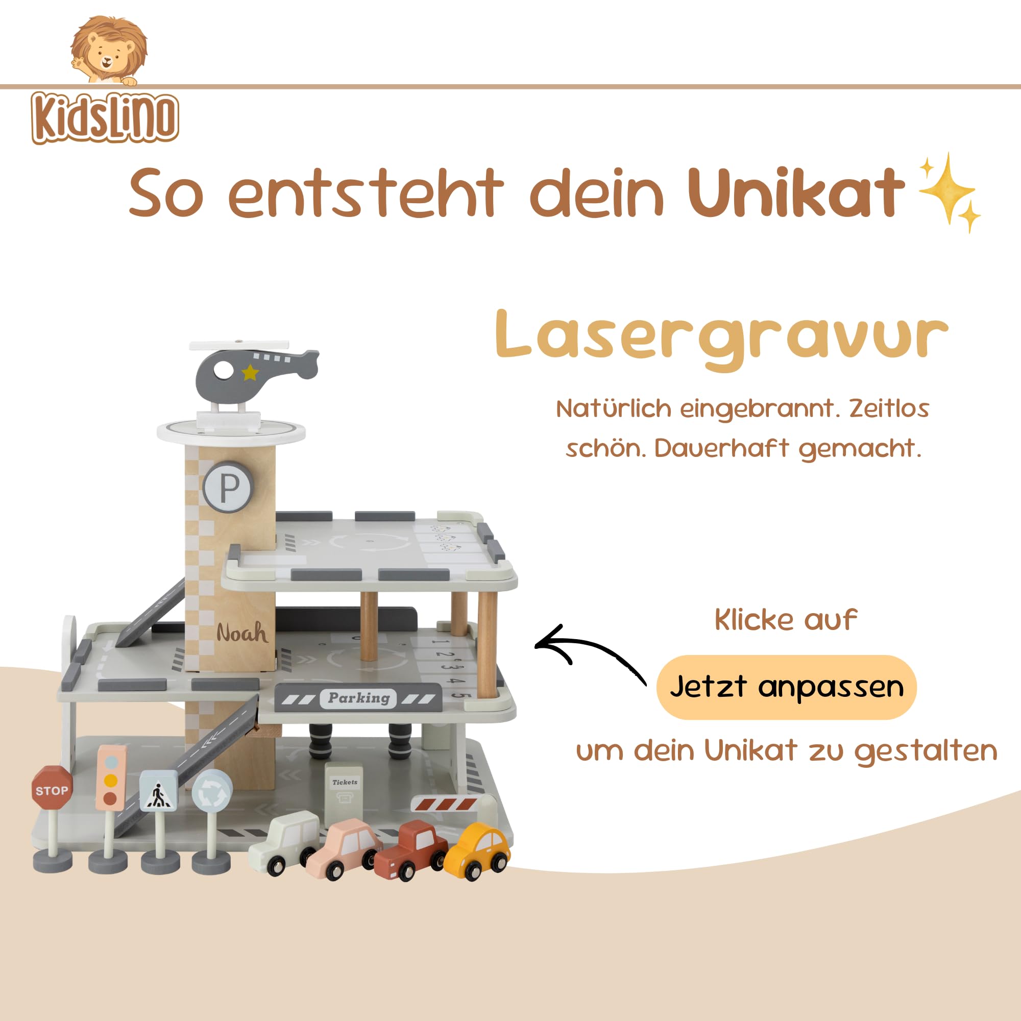 Personnalisable Garage de stationnement en Bois – avec Niveaux et Accessoires, favorise Le Jeu de rôle et la créativité – pour Enfants dès 3 Ans – personnalisé avec Le prénom – Tryco