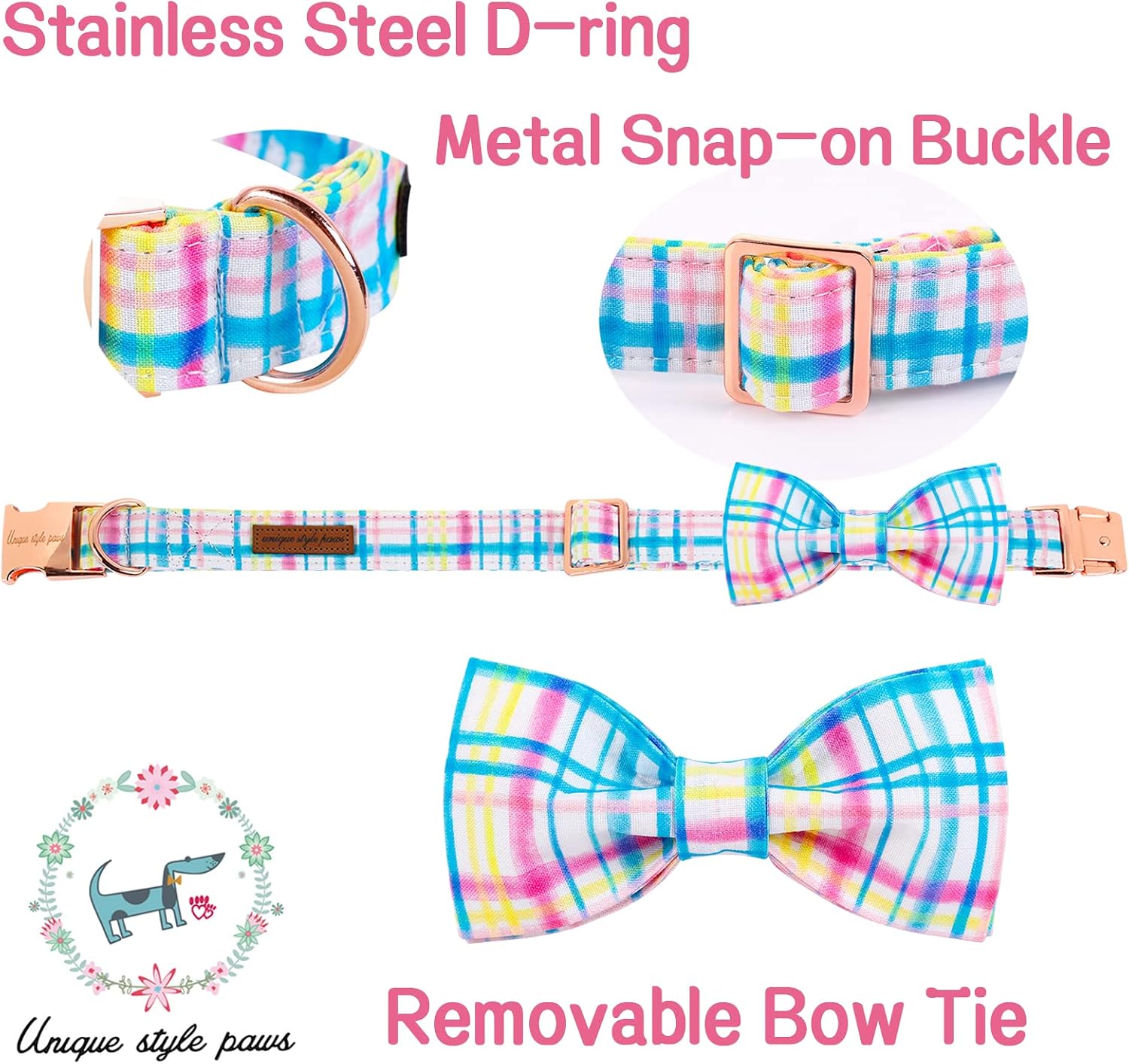 Unique style paws Easter Day Dog Collar with Bow Tie Blue Pink Grid Puppy Collar for Small Medium Large Boys Girls-L image 2