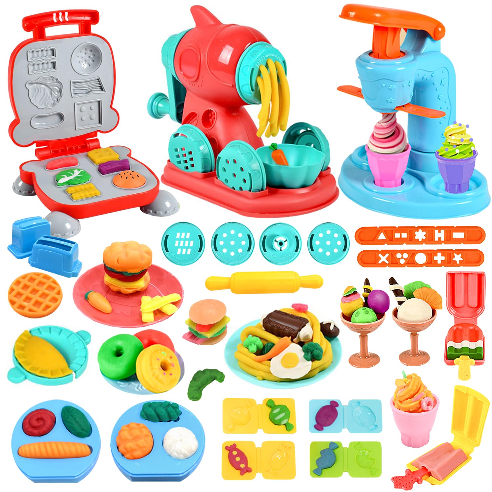 3 in 1 Color Dough Kitchen Creations Set, Ice Cream Spaghetti Burger Maker Machine, Art Crafts Food Modeling Toys, Accessories Tools Kit for Boys Girls Kids Toddlers Ages 3+ (12 Colors Dough)