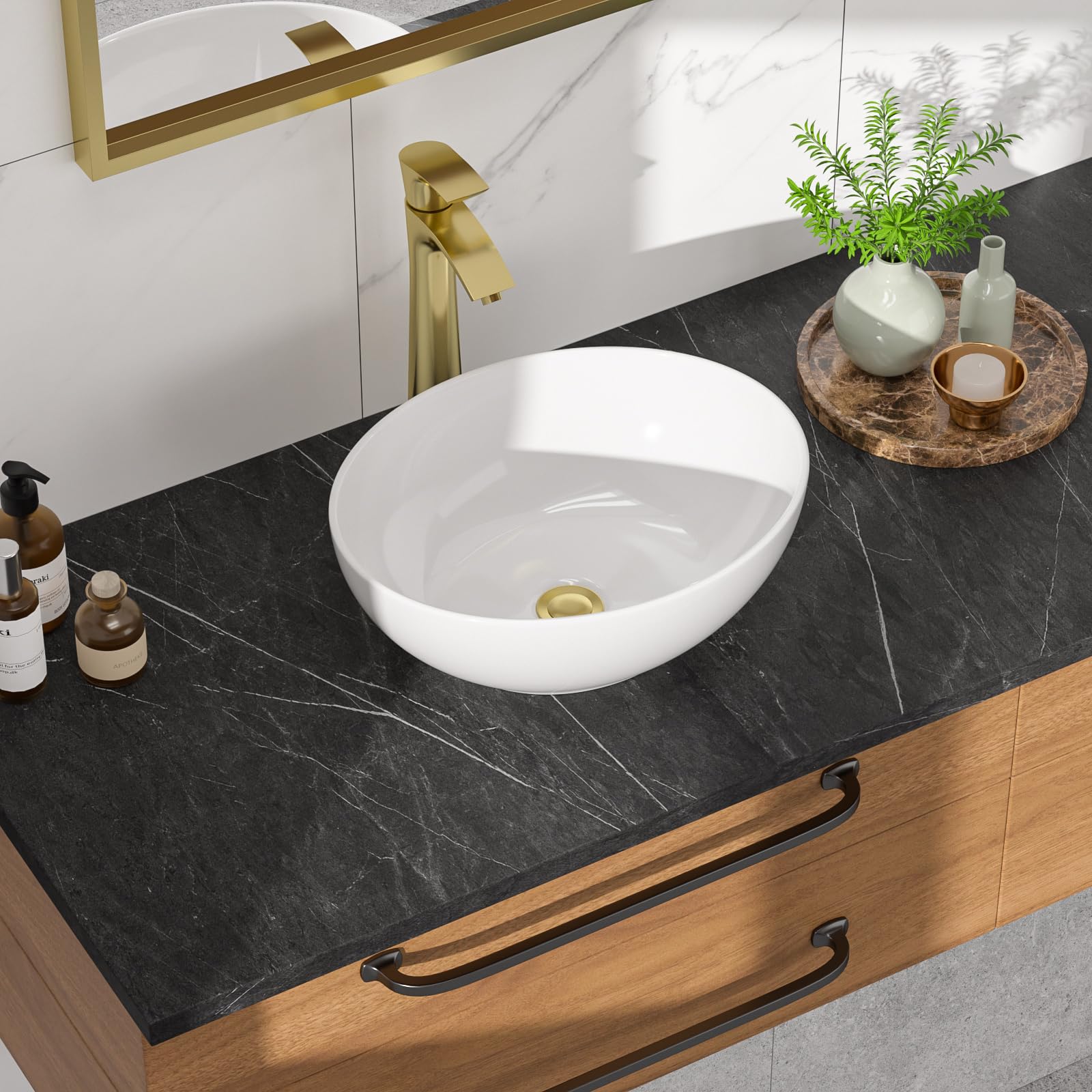 Fregadero ovalado de 15-3/4 pulgadas de ancho x 13 pulgadas de profundidad, fregadero de baño de cerámica de forma ovalada, lavabo de porcelana blanca, lavabo artístico