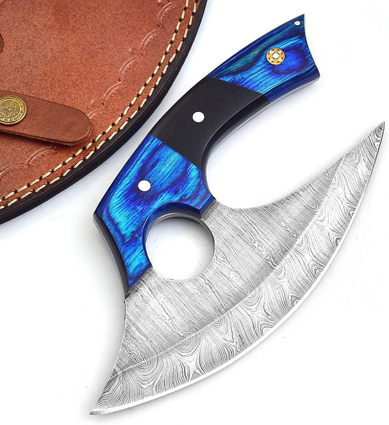 Handmade Damascus Steel Ulu Knife - Alaskan Damascus Ulu Knife With Sheath - Damascus Alaska Knives For Men and Women - Skinning, Chopping,Rocking, Mincing, Slicing Meat & Herb (1515 blue,black)