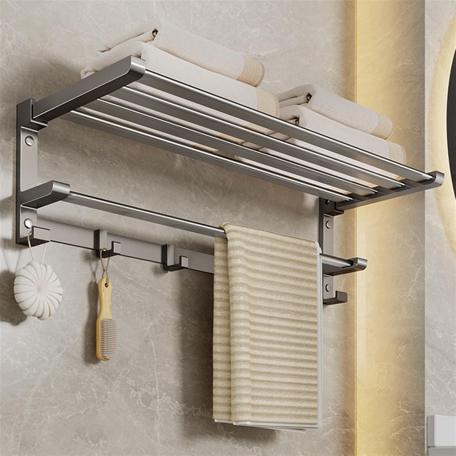 LUUYYI Estante de baño para baño, toallero de acero inoxidable con barra de toalla y ganchos, estante plegable montado en la pared, estantes flotantes negro/gris (gris pistola, M)