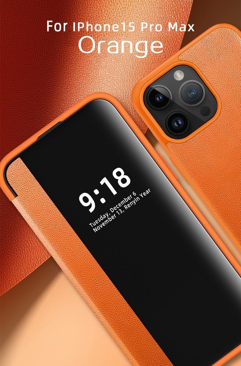 Smart Case Compatible with iPhone 15 Pro Max, Translucent View Window Ultra Slim Leather Protective Case for iPhone 15 Pro Max（Orange）