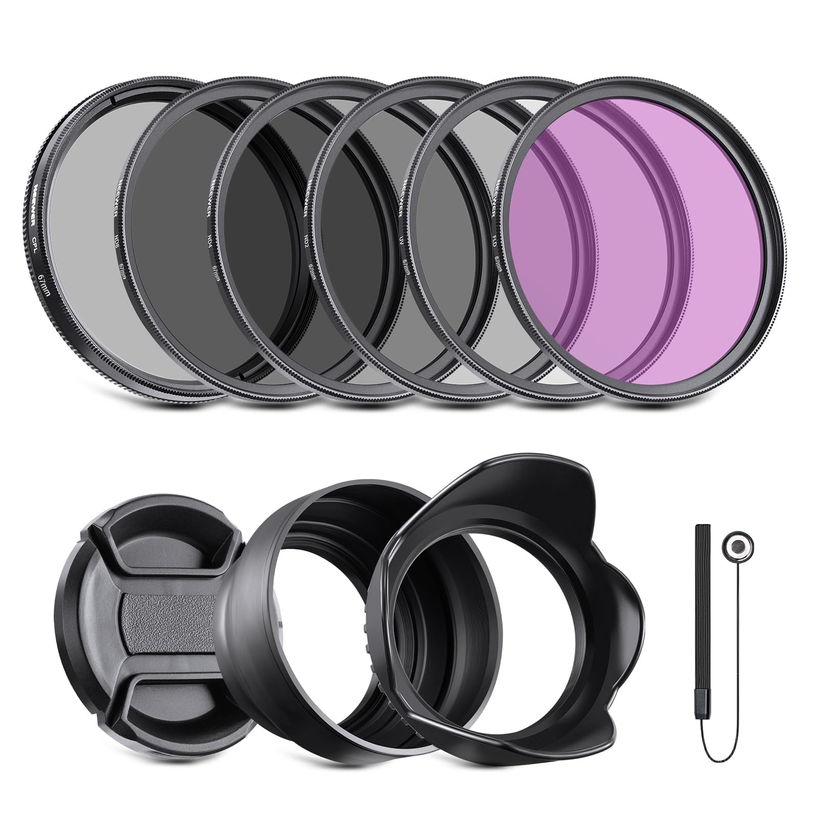 NEEWER Kit di filtri per lenti da 67 mm: UV, CPL, FLD, ND2, ND4, ND8, Parasole e copriobiettivo compatibili con Canon Nikon Sony Panasonic DSLR fotocamere con obiettivo 67 mm