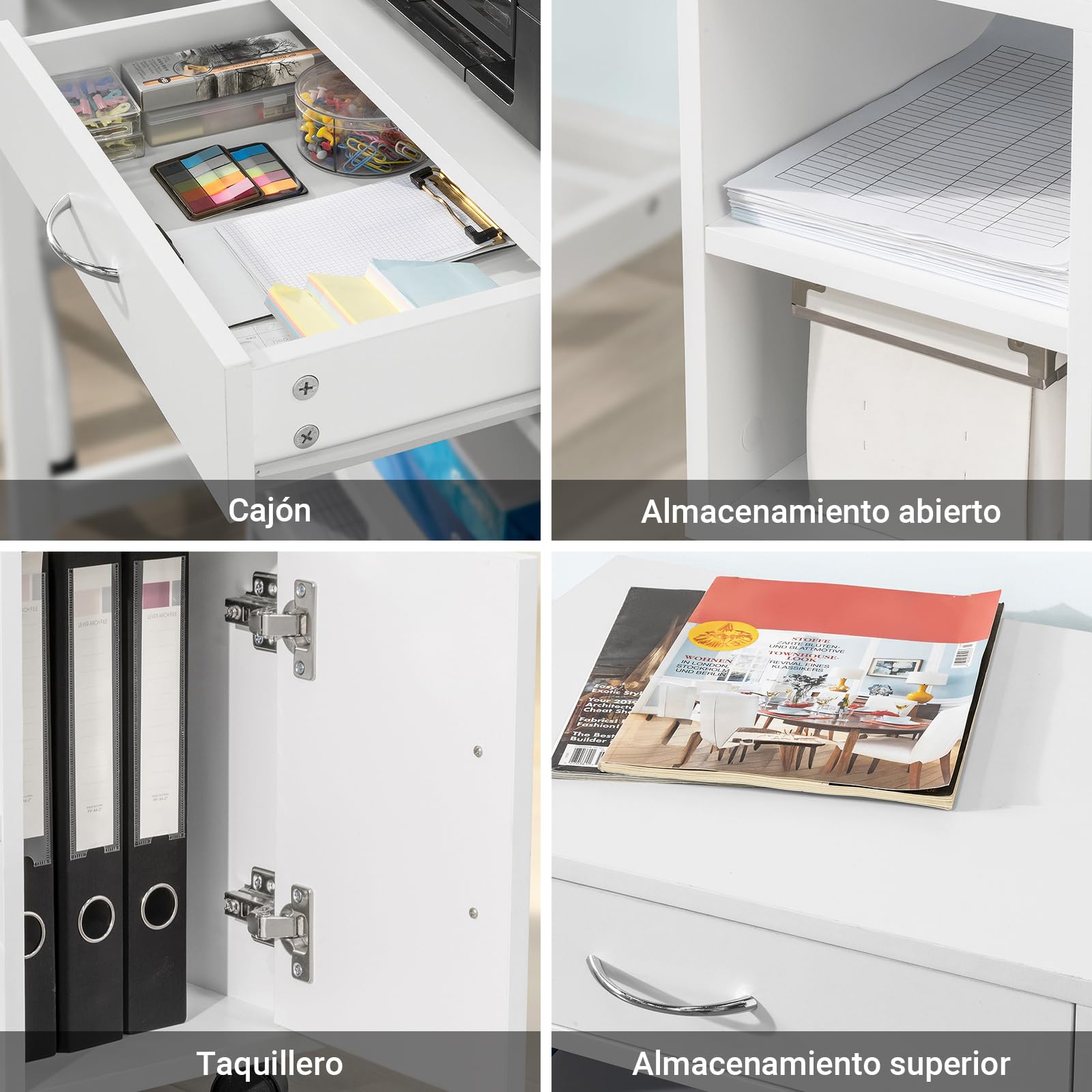 SoBuy Mueble para Impresora con Ruedas - Cajonera de Oficina, Mesa Auxiliar con Ruedas, Armario Auxiliar para Oficina y hogar, Mueble Multifuncional Blanco 50x40x75cm FBT106-W