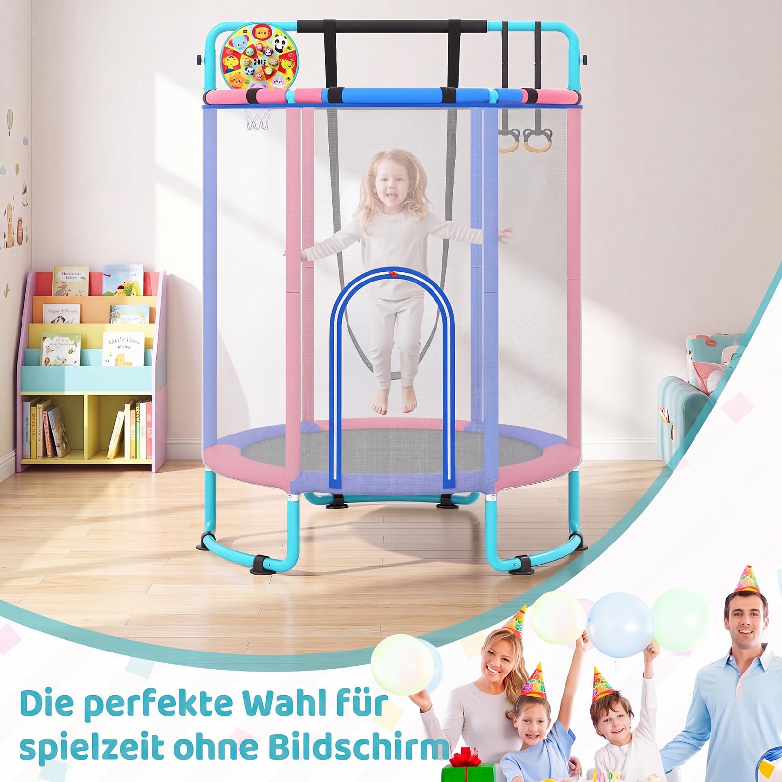 COSTWAY Trampolina dziecięca 6 w 1 z siatką zabezpieczającą | Trampolina dla dzieci z huśtawką, koszem do koszykówki, drążkiem gimnastycznym, tarczą do gry w darta, sztabką