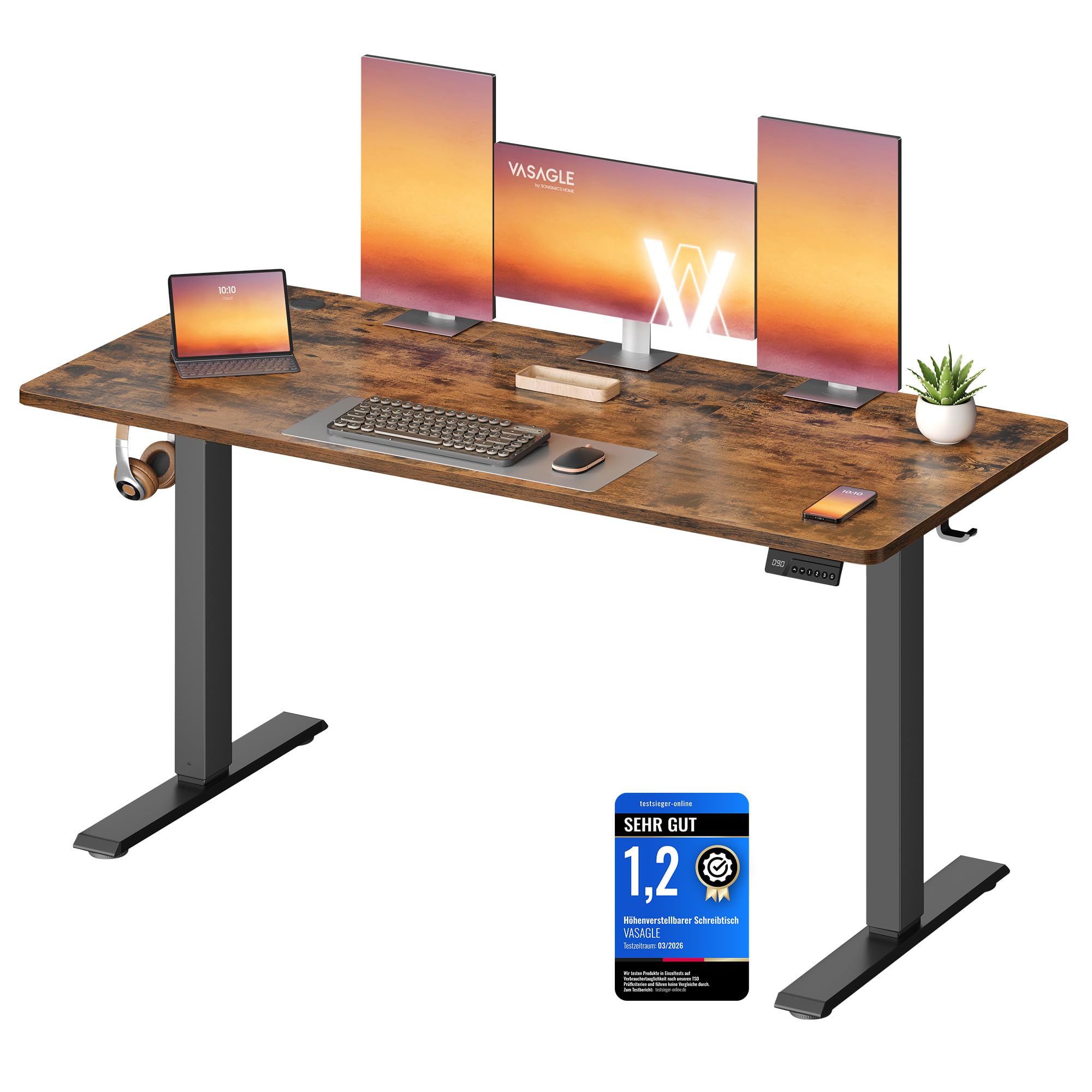 VASAGLE Höhenverstellbarer Schreibtisch, Stehtisch, Computertisch, Erinnerung bei langem Sitzen, Memory-Funktion mit 4 Höhen, für Büro, 140 x 60 cm, vintagebraun LSD314KD03
