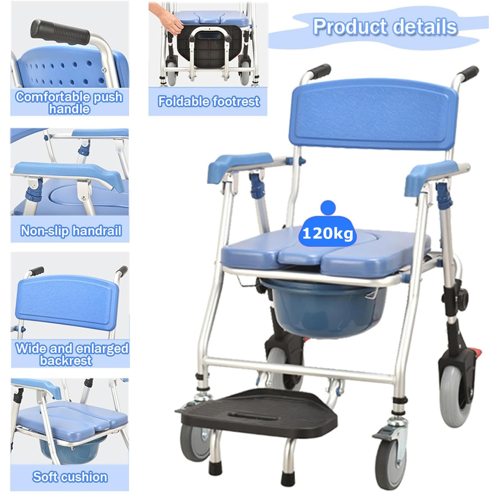 Silla de ducha para ancianos con ruedas, silla plegable con reposabrazos y reposapiés, diseño portátil, capacidad de peso de 120 kg, ideal para baño y mesita de noche