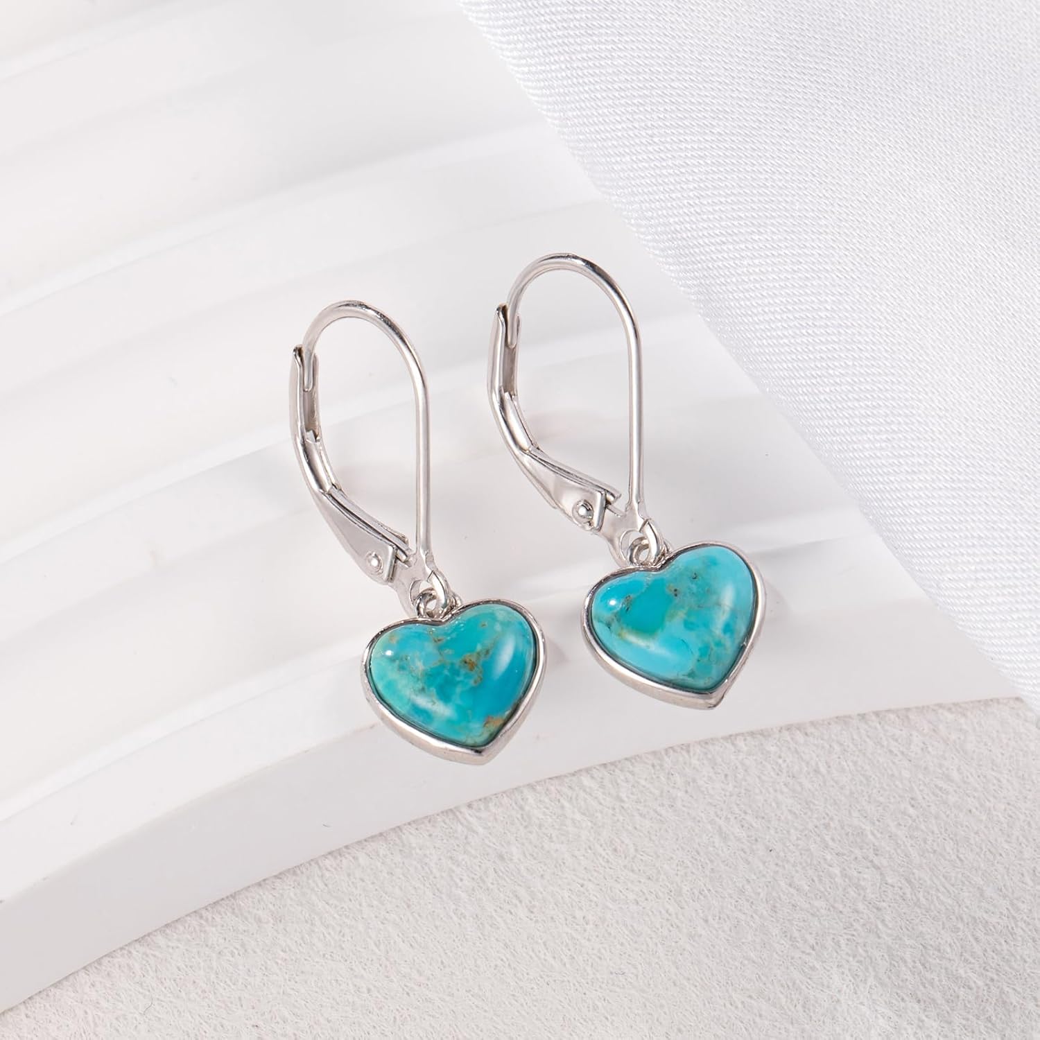 Heart Natural Turquoise Earrings for Women - Top AAA Grade, Hypoallergenic 925 Sterling Silver Leverback Dangle Earrings, Trendy Jewelry Gifts for Her - Image 2