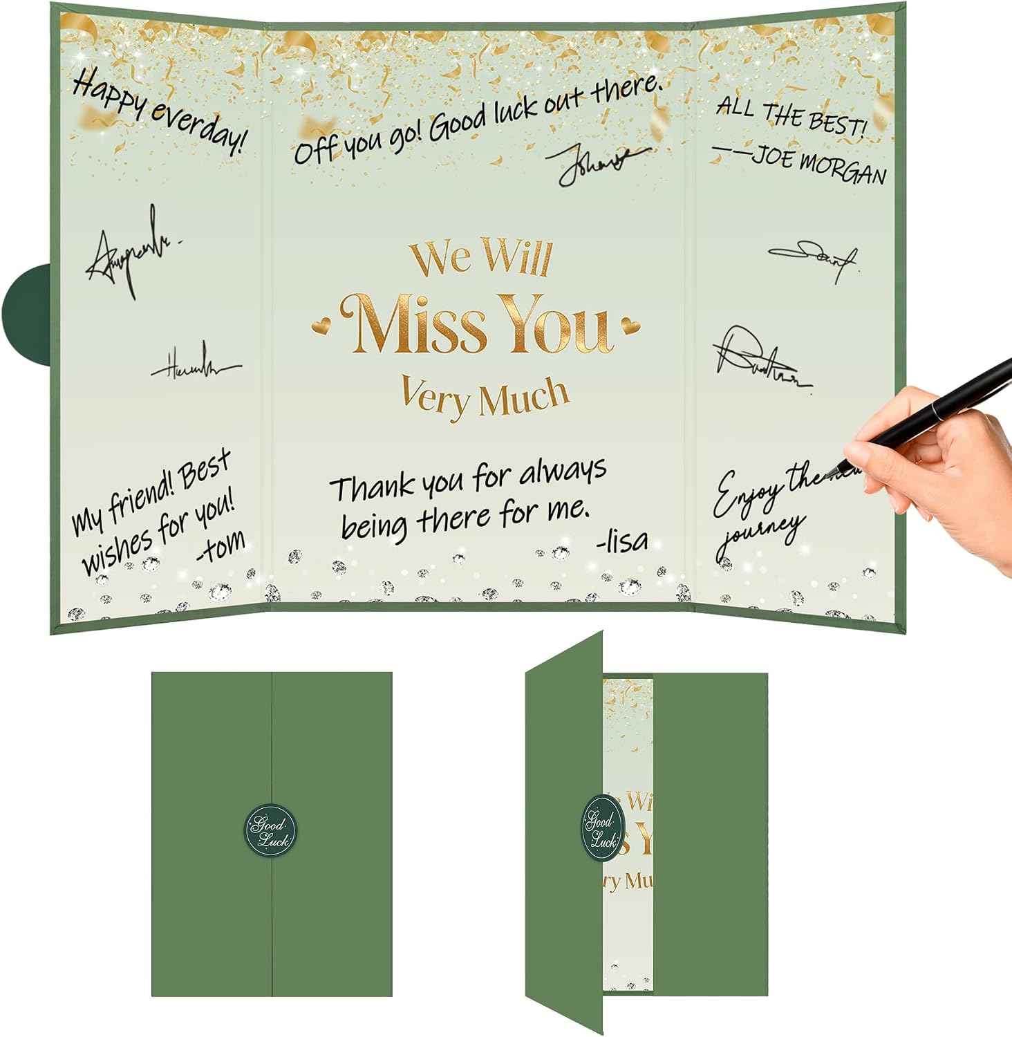 Crenics Green and Gold We Will Miss You Signature Book 18 x 12 Inches | Farewell Party Decorations, Farewell Guest Book Alternative, Awesome Going Away Retirement Keepsake Gifts