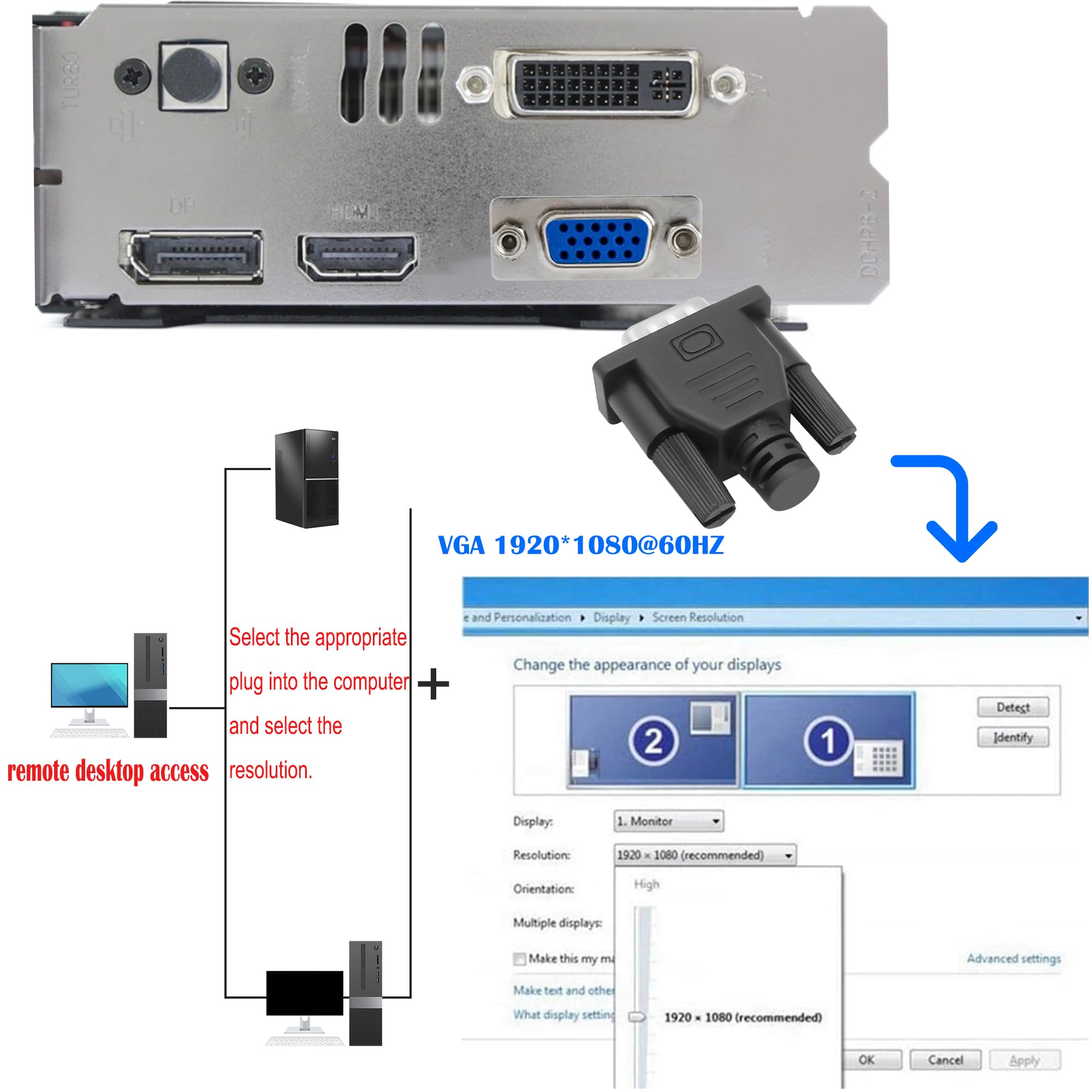 MEIRIYFA VGA Dummy Plug senza testa Ghost Display Emulatore, VGA Virtual Display RGB Monitor Dummy Plug senza testa Ghost Display Emulatore 1920x1080P@60Hz (2 Pack)