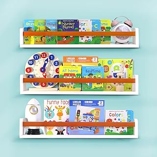 Lizgaho Estantes flotantes blancos de 24 pulgadas, de madera maciza, juego de 3, estantería rústica de pared para niños, color miel