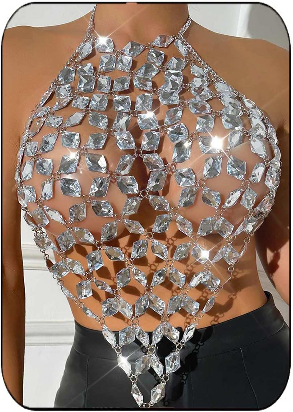 Aukmla Crystal Bra Body Chain Top Silver Rhinestones Halter Crop Tops Beach Bikini Chest Chains Body Jewelry for Women