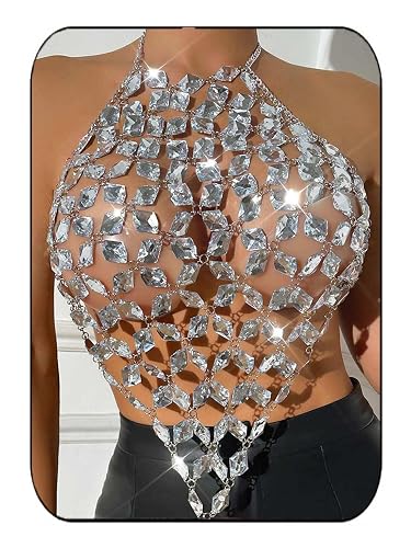 Aukmla Crystal Bra Body Chain Top Silver Rhinestones Halter Crop Tops Beach Bikini Chest Chains Body Jewelry for Women - Silver