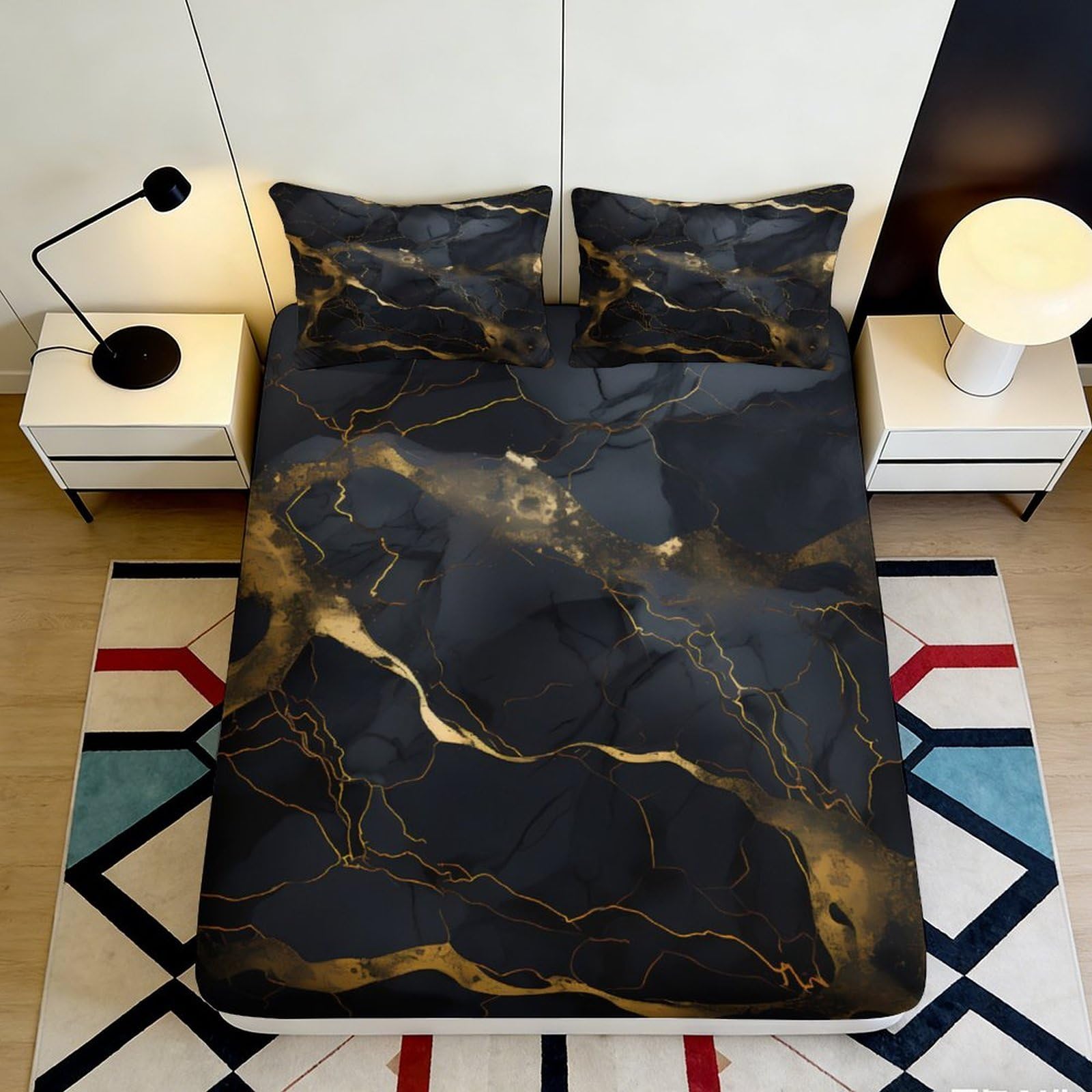 3D Printed Black Marble Fitted Sheet Microfiber Gold Vein Mattress Cover Anti-Slip Washable Decor for Bedroom Guestroom 90x200x25cm
