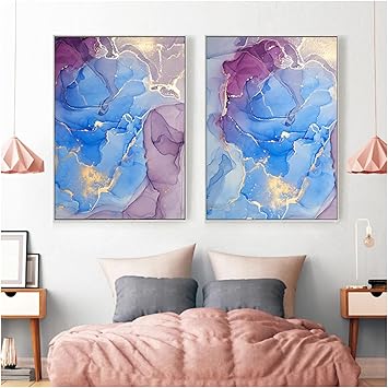 Amazon Co Jp 大理石のテクスチャ抽象ポスターゴールドブルーウォールアートプリントモダンスタイルキャンバス水墨画装飾画像家の装飾 ホーム キッチン