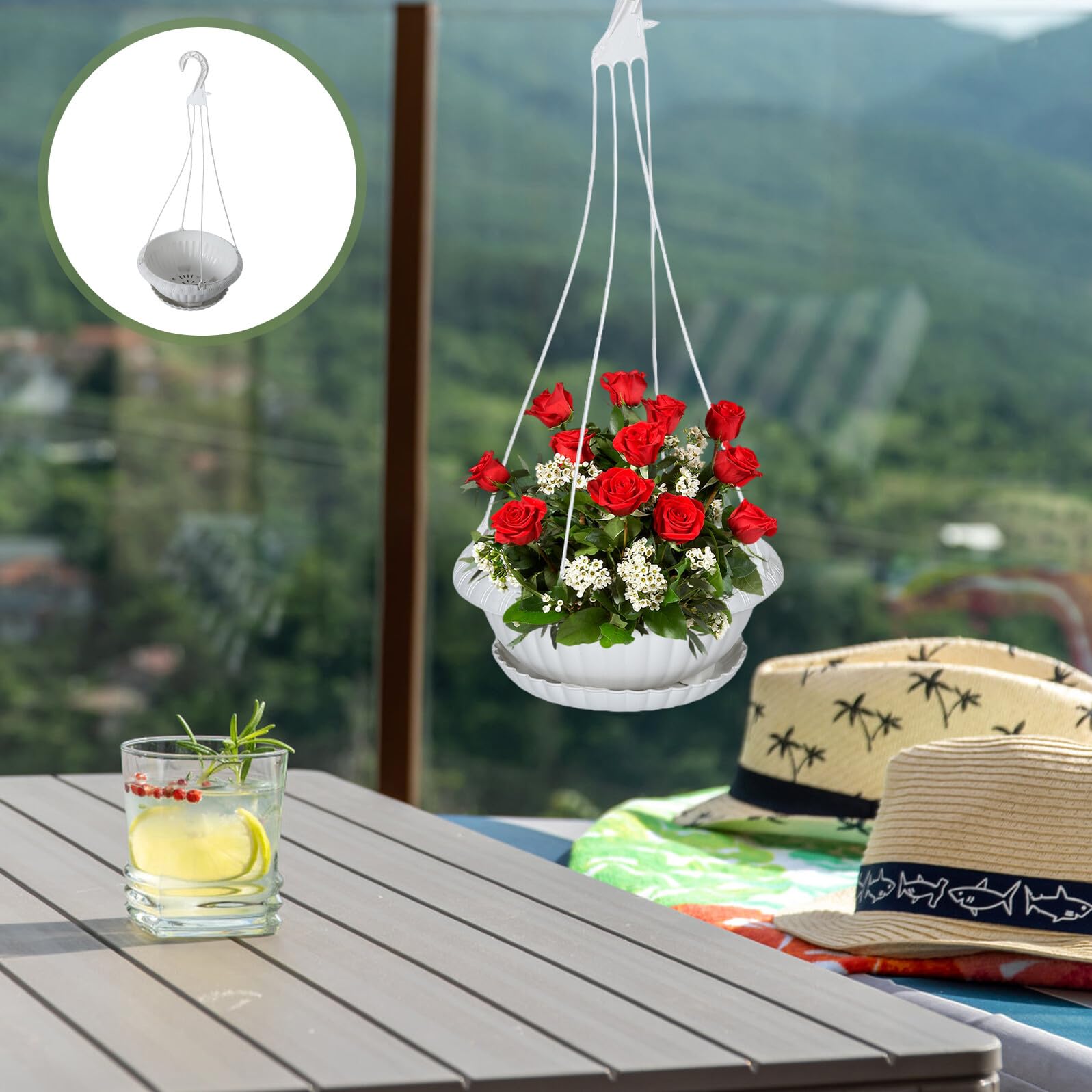 Lurrose Set 2 Pezzi Fioriere Sospese in Plastica con Gancio e Sottovaso Cesto Portafiori Sospeso per Giardinaggio Interno ed Esterno Vasi Decorativi per Piante da Veranda e Balcone